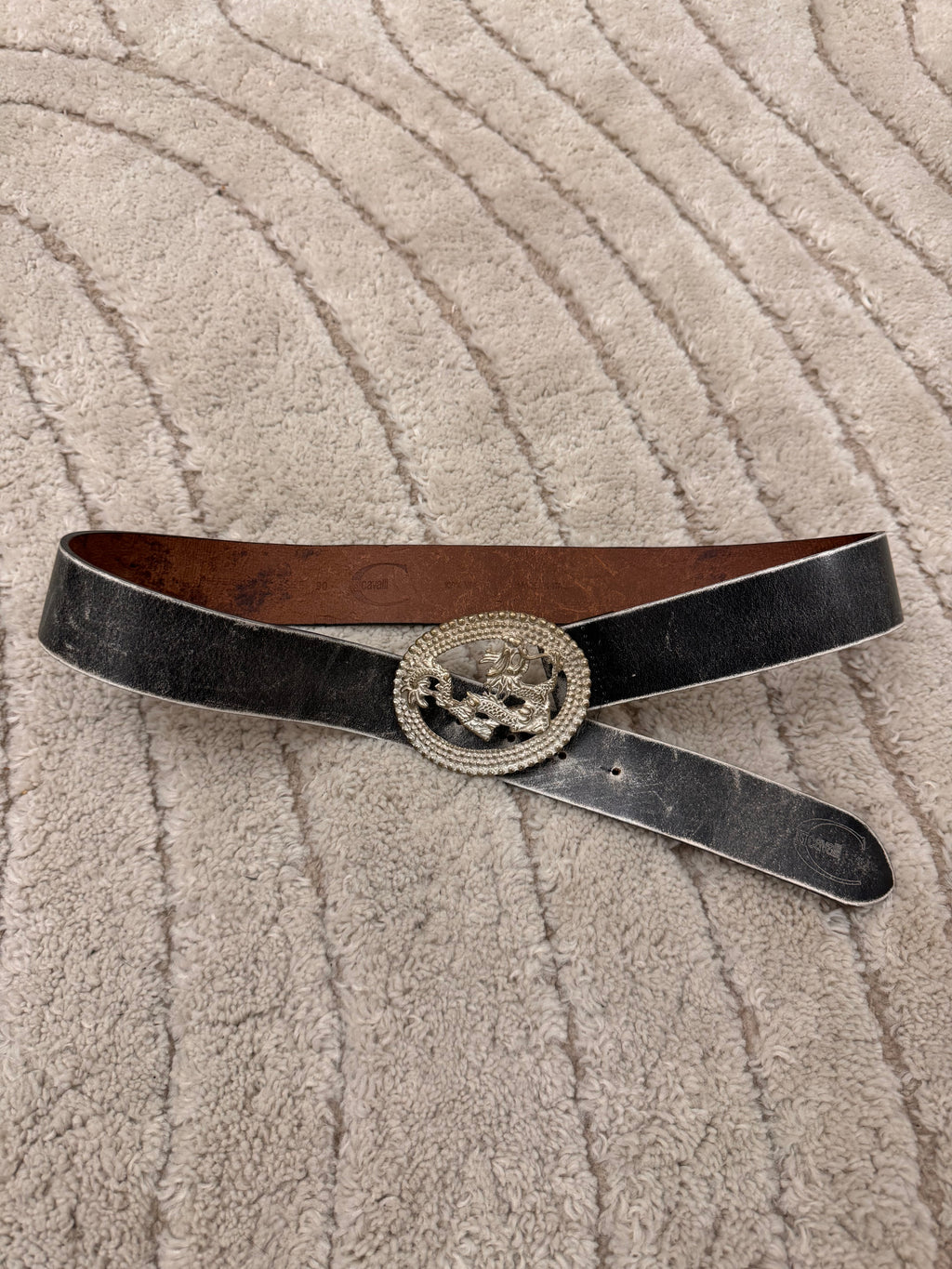 2000s Cavalli Silver Dragon Faded Leather Belt (OS)