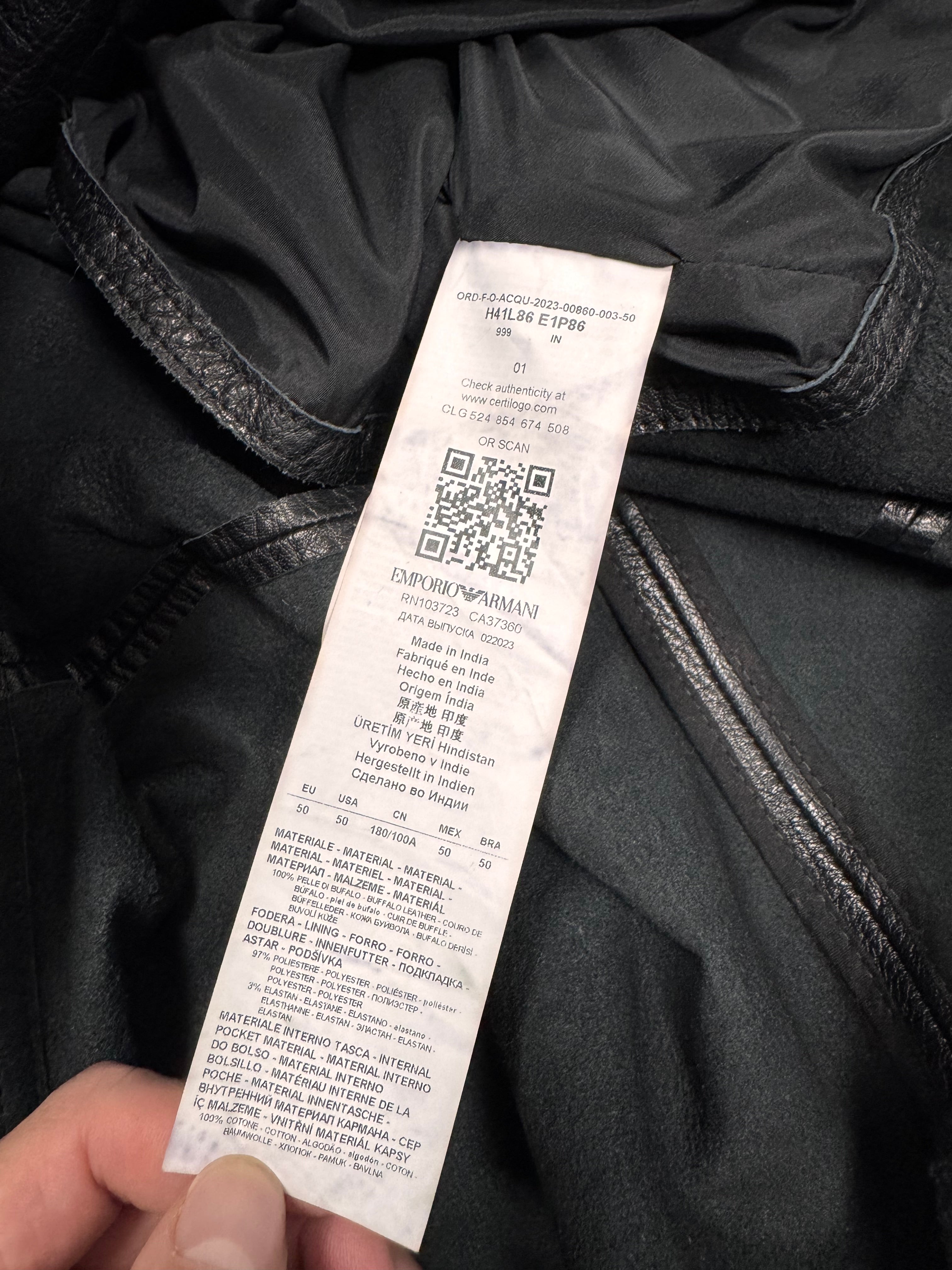 AW2023 Emporio Armani Black Buffalo Leather Trench Coat