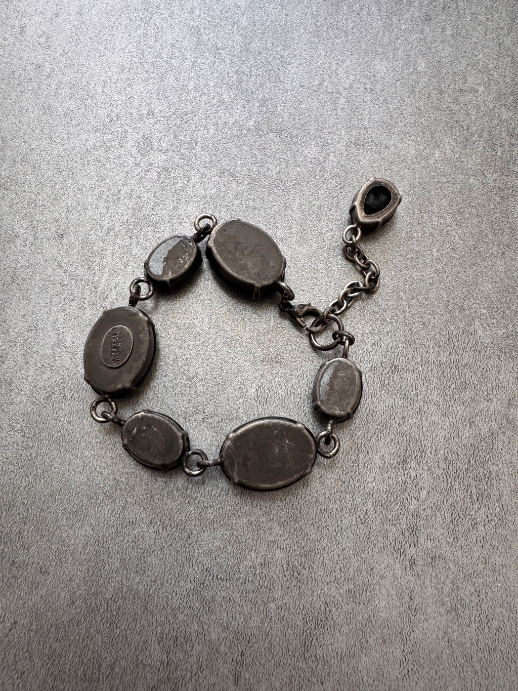 2000s Jean Paul Gaultier Black Leather Gemstone Metal Bracelet