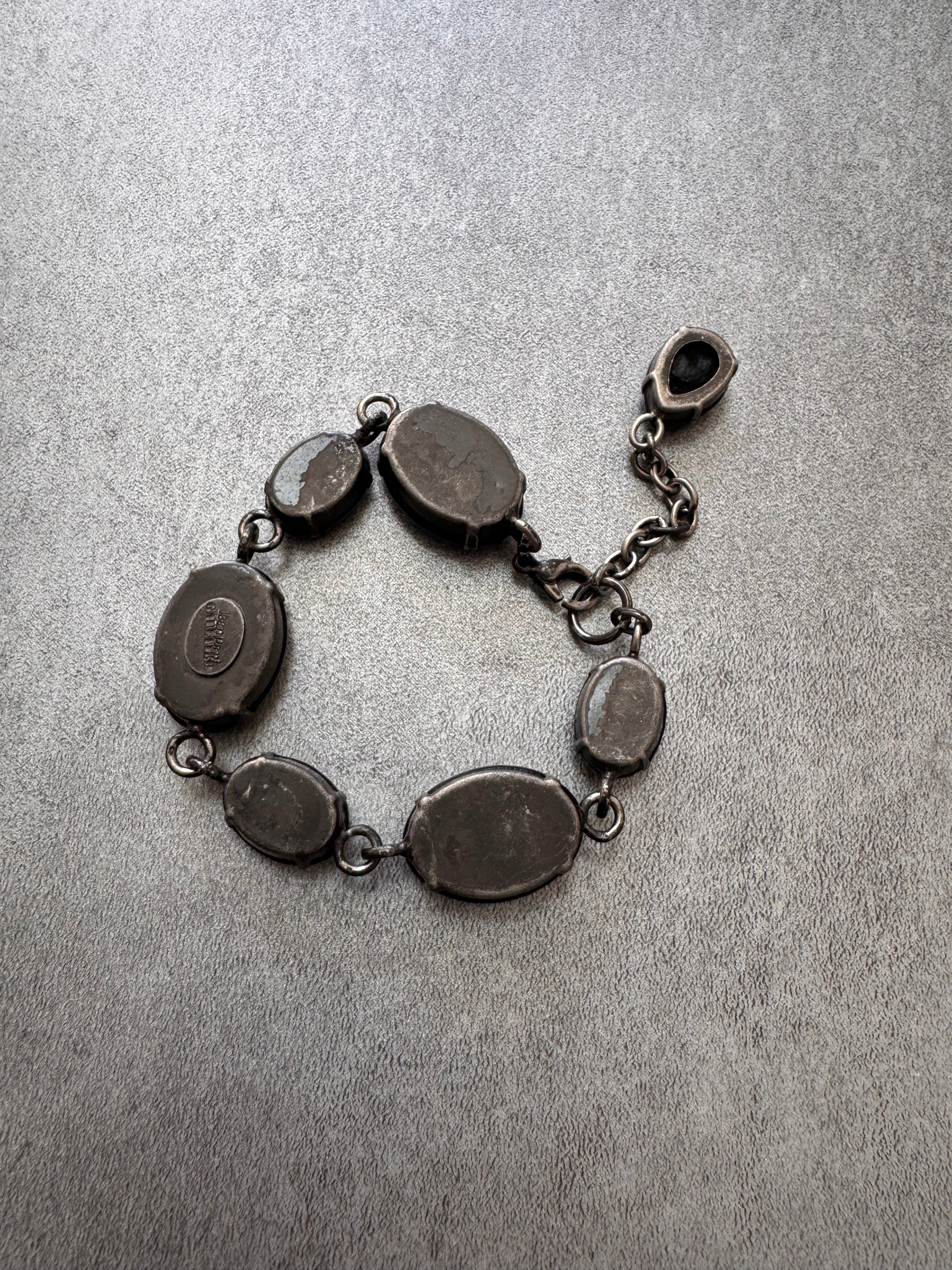 2000s Jean Paul Gaultier Black Leather Gemstone Metal Bracelet
