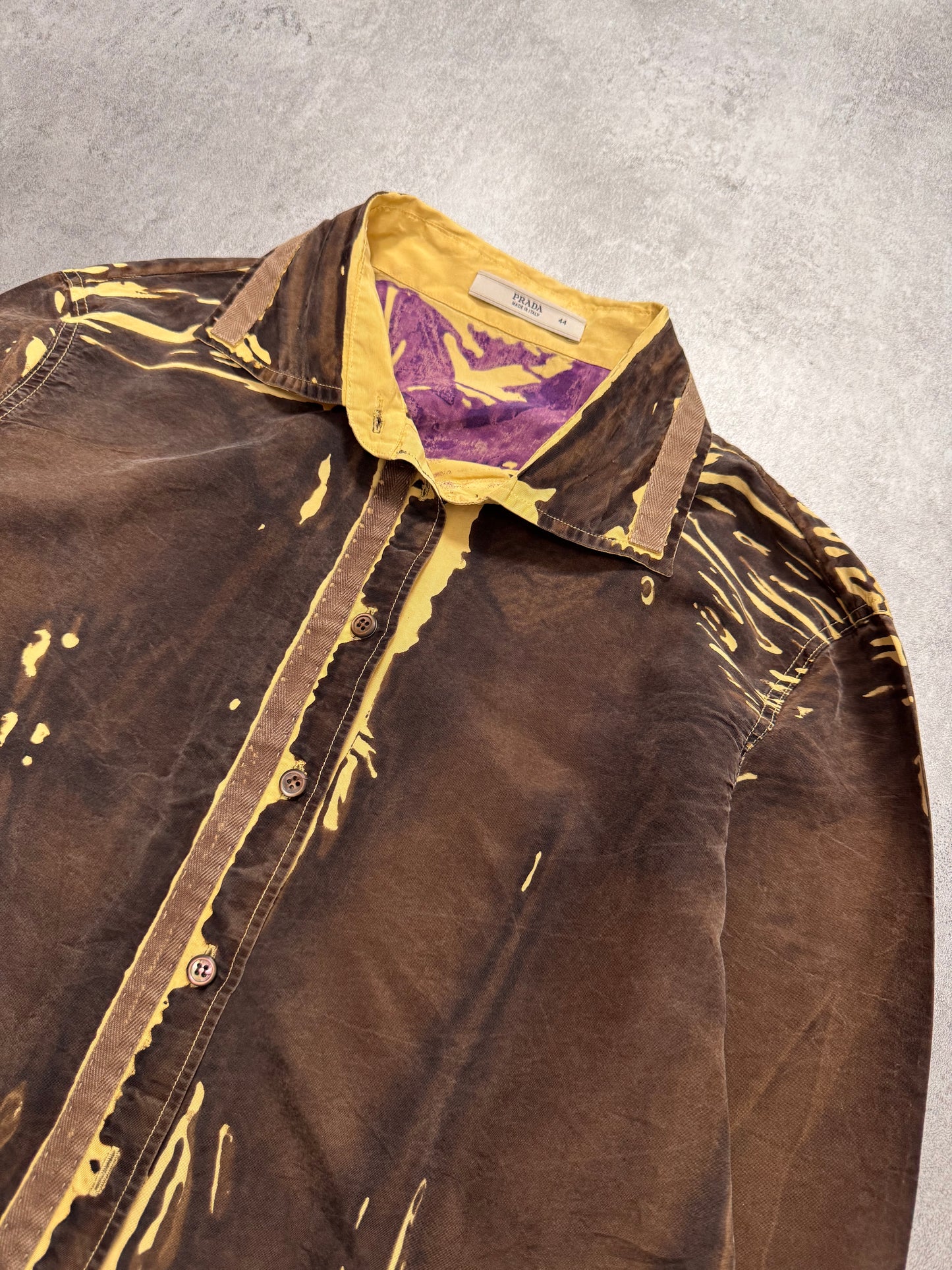 SS2005 Prada Brown Tan Screen Front & Purple Back Overprint Silk Shirt (XS)