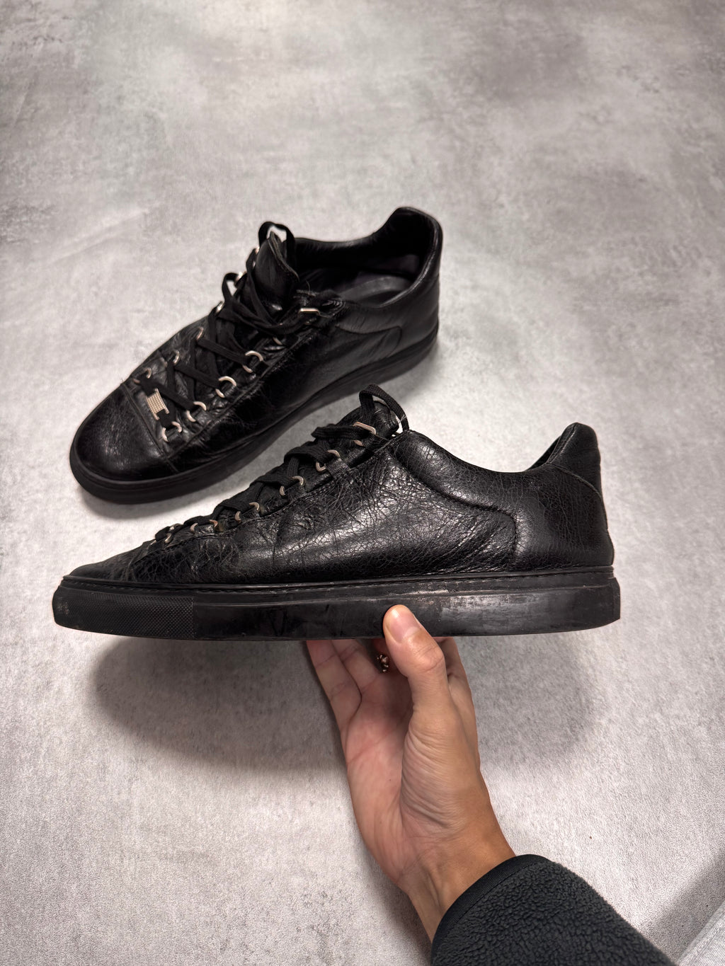 Balenciaga Arena Low Black Cracked Leather Sneakers