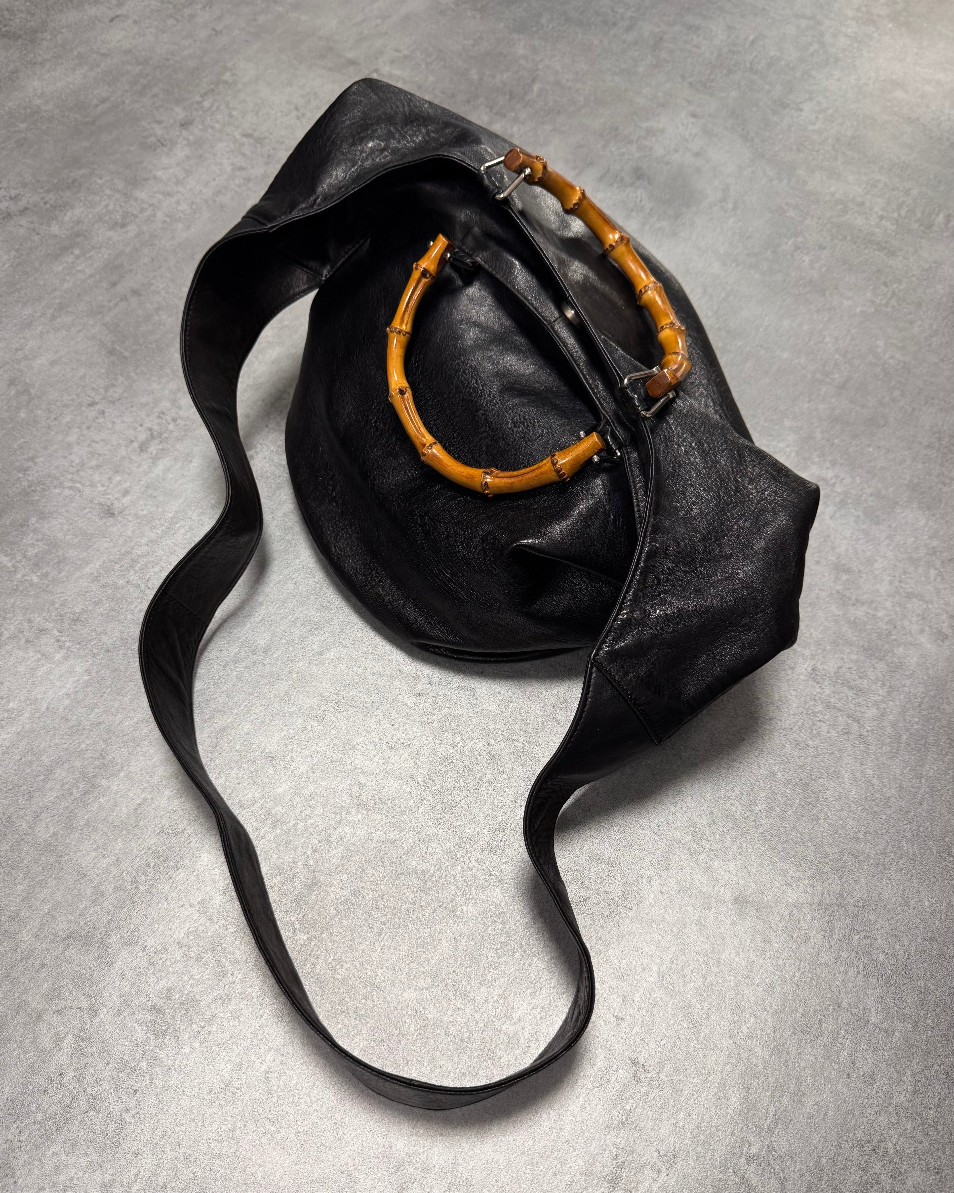 1996 Gucci Tom Ford Pure Black Leather Bamboo Shoulder Bag