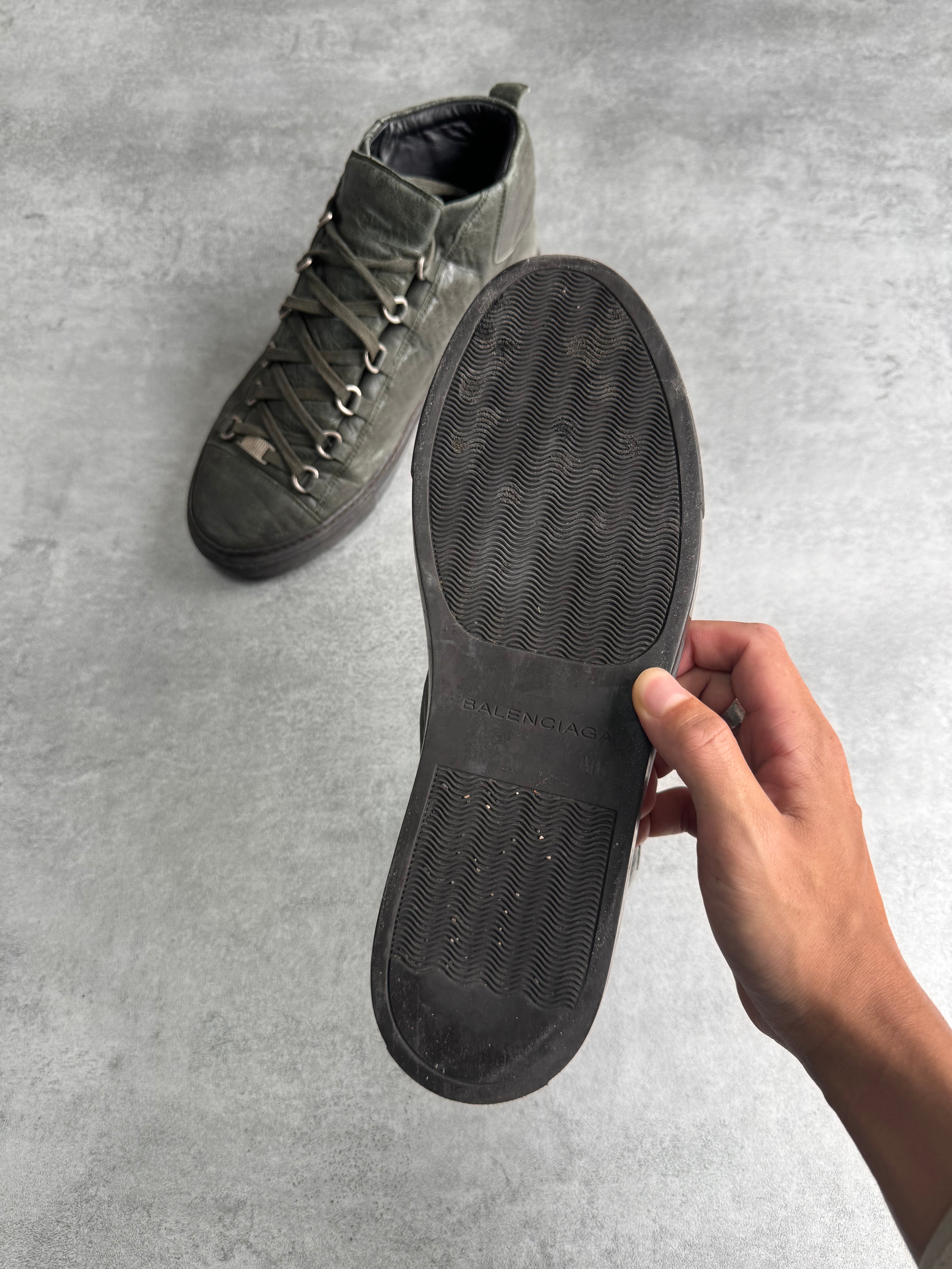 Balenciaga Arena High Kaki Cracked Leather Sneakers