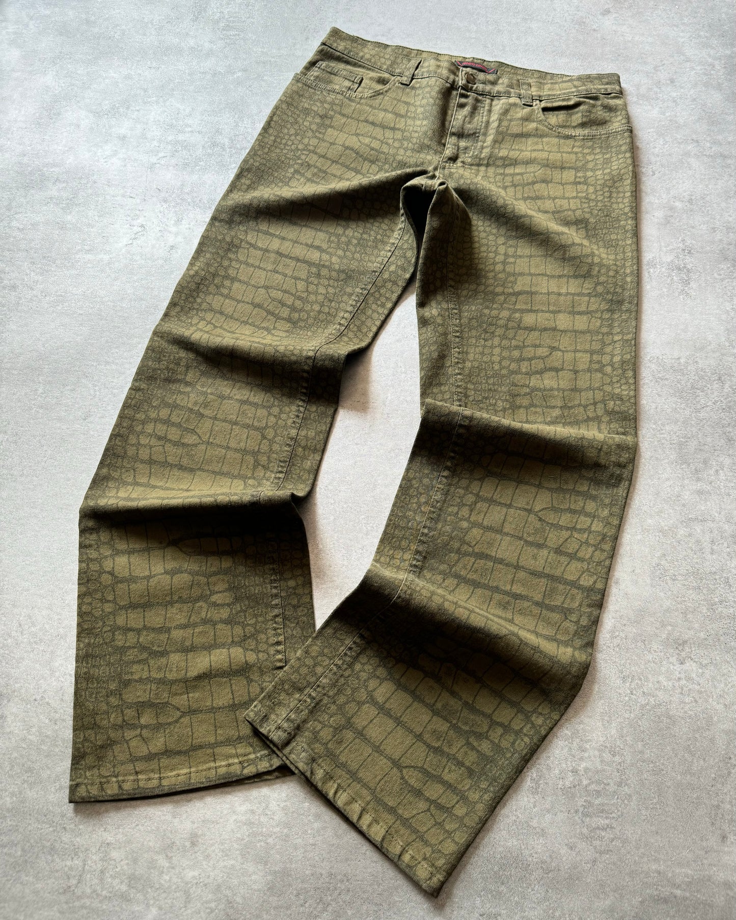 AW2001 Roberto Cavalli Olive Crocodile Effect Pants (L) - 3