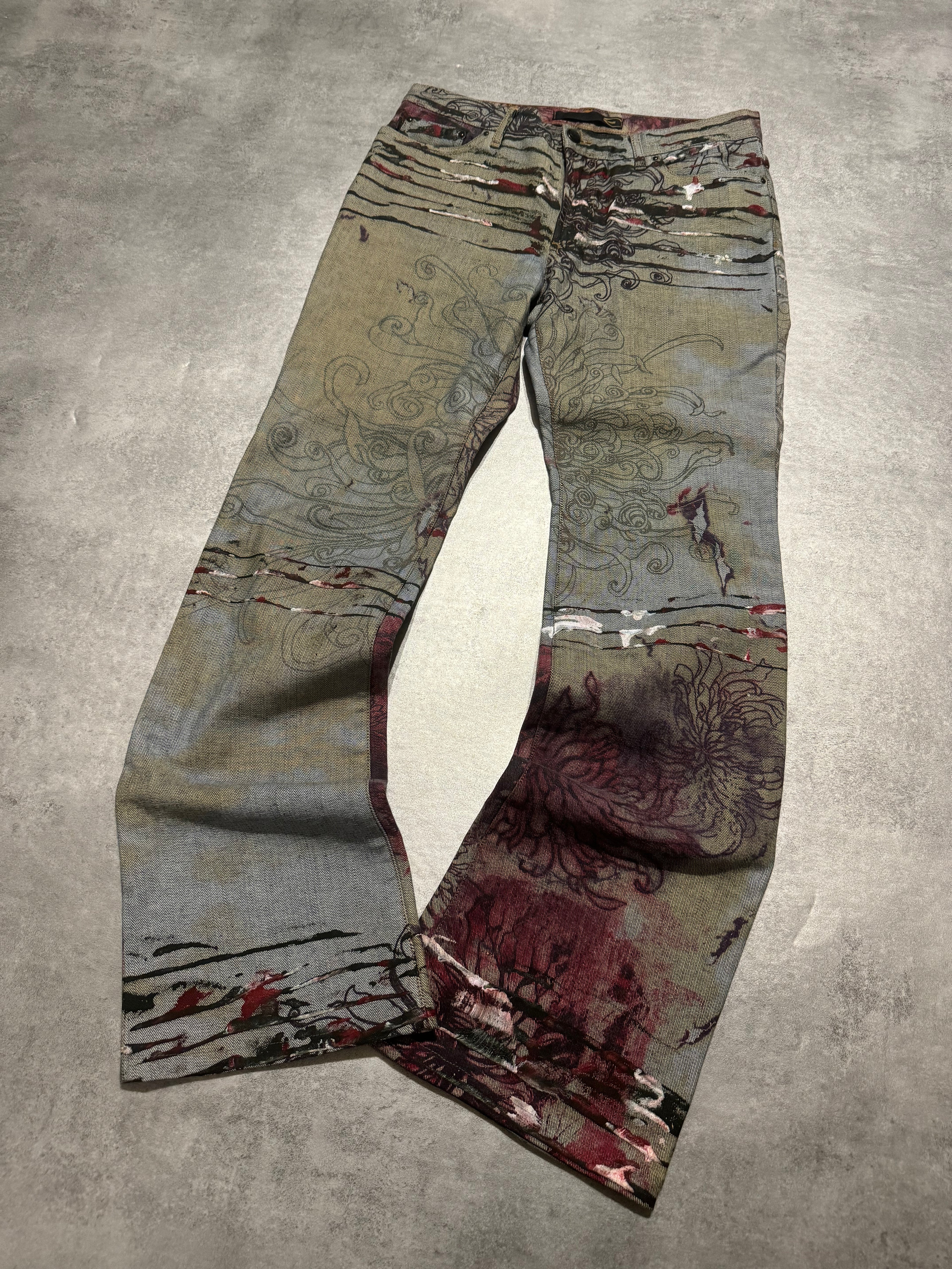 2000s Cavalli Scar Nature Flowers Grey Pants (S) - 10