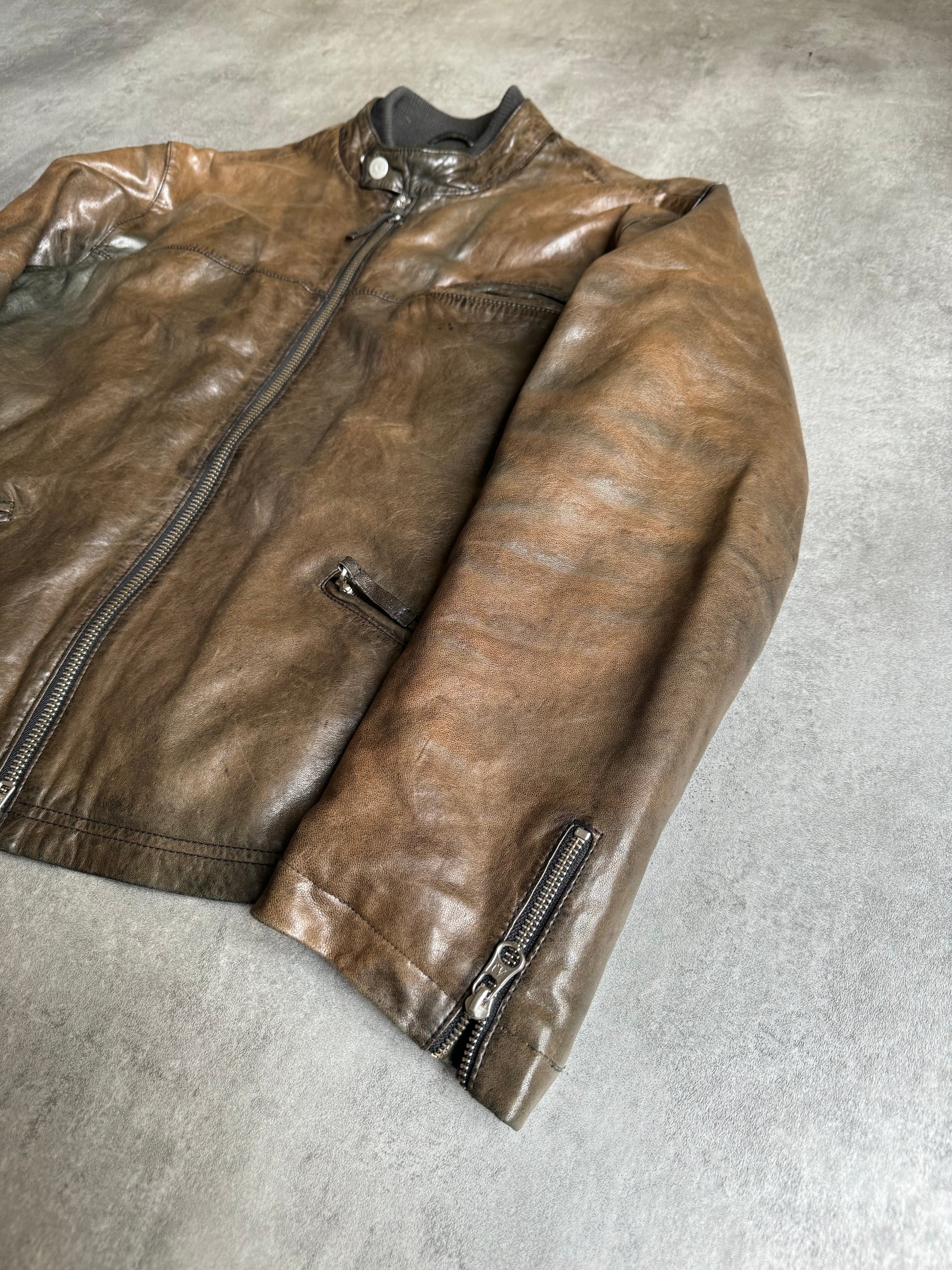 AW2008 Armani Brown Eroded Bomber Leather Jacket (L) - 11