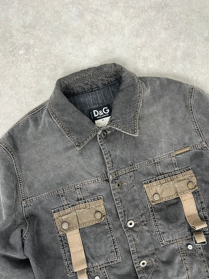 AW2004 Dolce & Gabbana Grey Denim Pocket Straps Jacket QaXDBEc 6