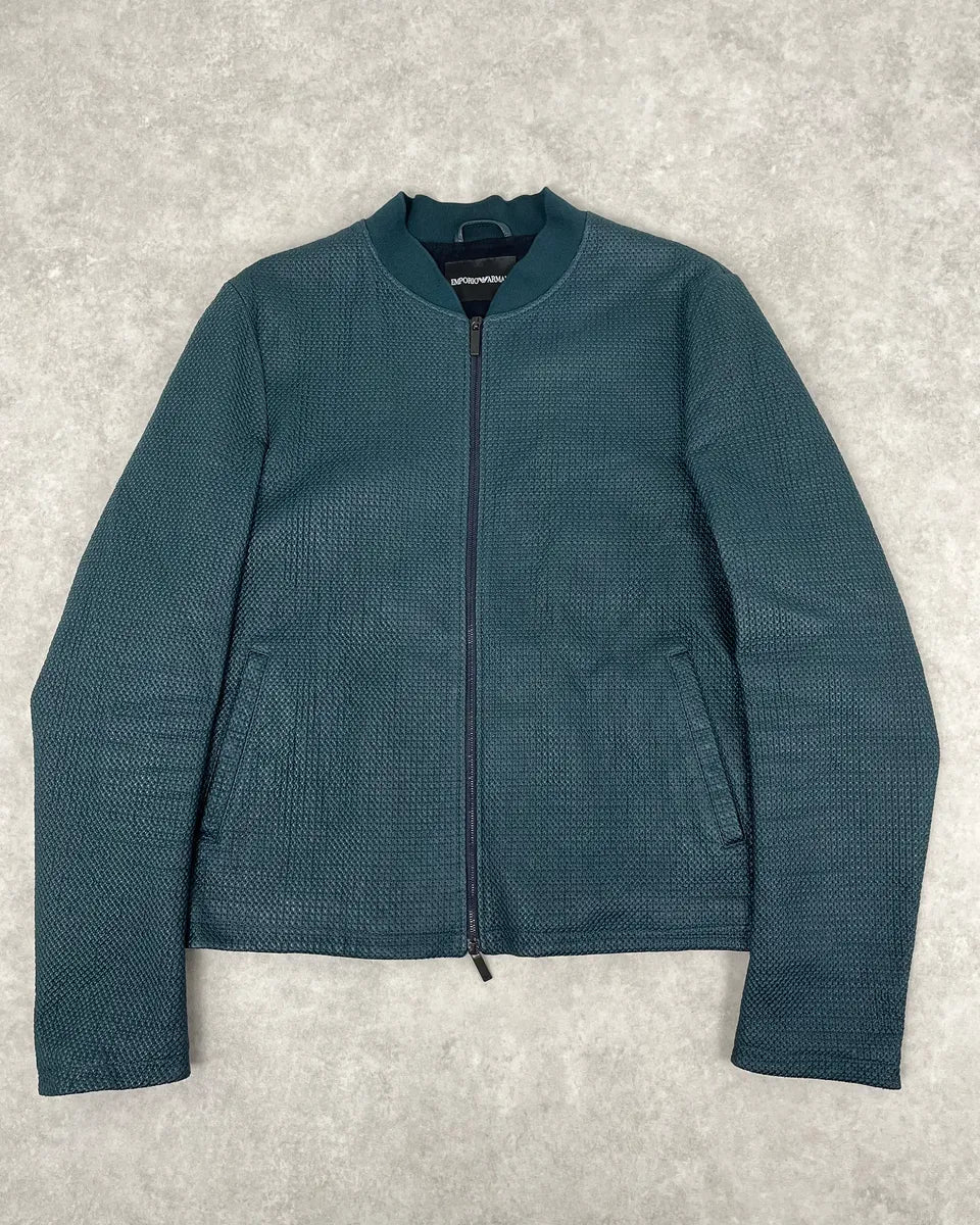 SS2015 Emporio Armani Green Waffled Leather Biker Jacket nGwqedb 0