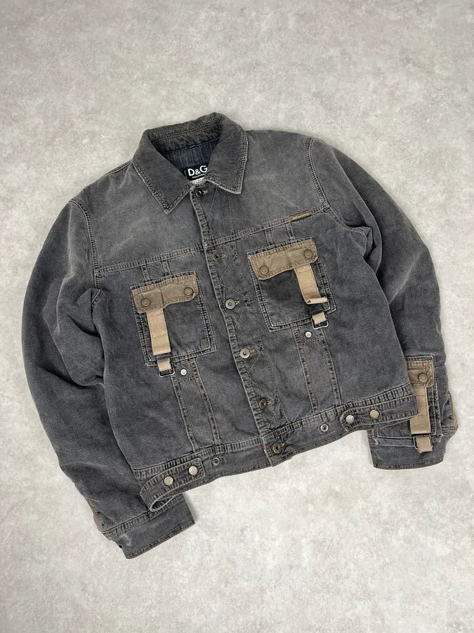 AW2004 Dolce & Gabbana Grey Denim Pocket Straps Jacket QaXDBEc 4