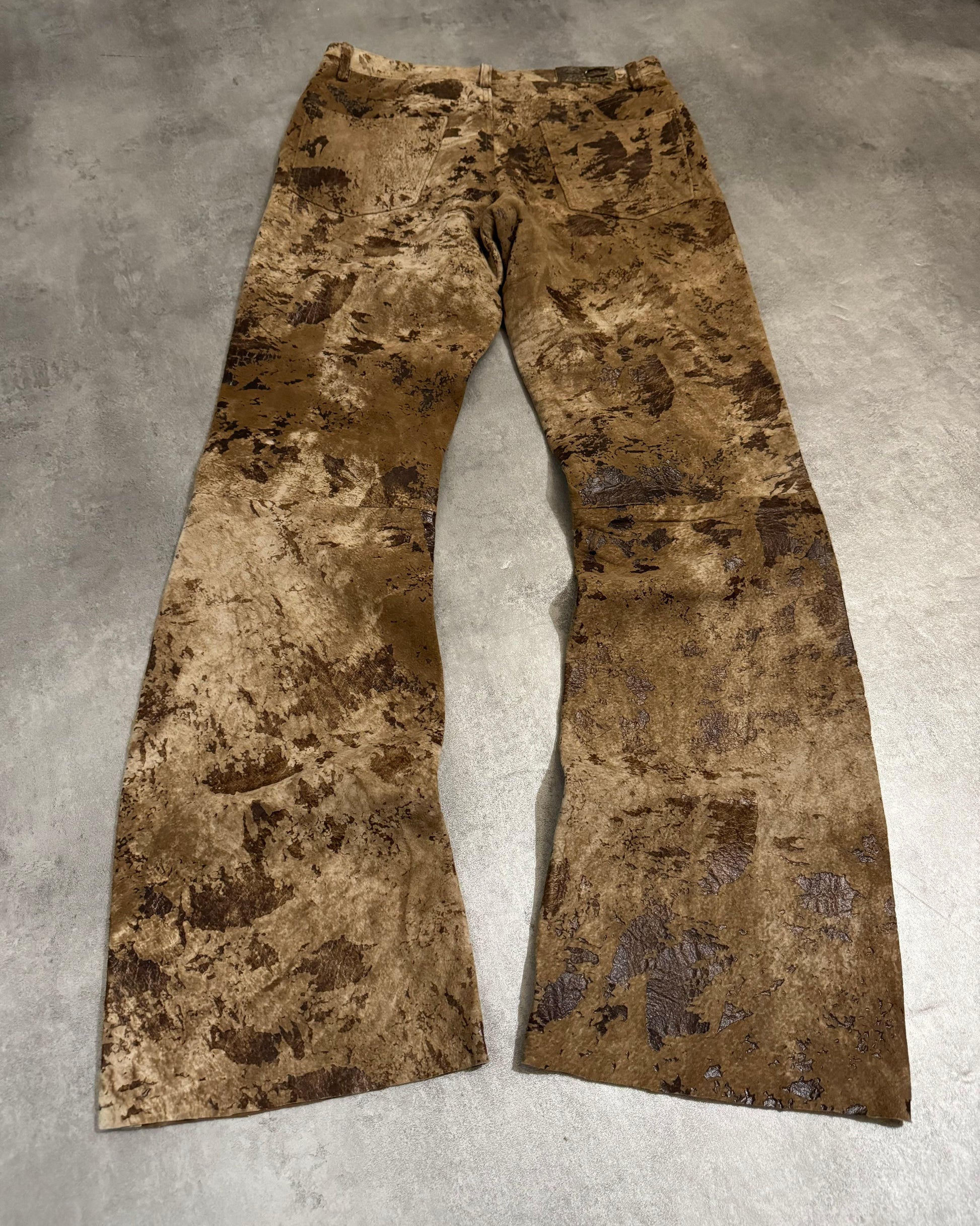 AW2004 Cavalli Textured Brown Eroded Camouflage Leather Pants (M) - 1