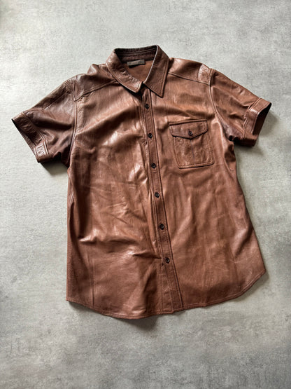 1990s Prada Brown Lamb Leather Short Sleeves Shirt  (M) - 7