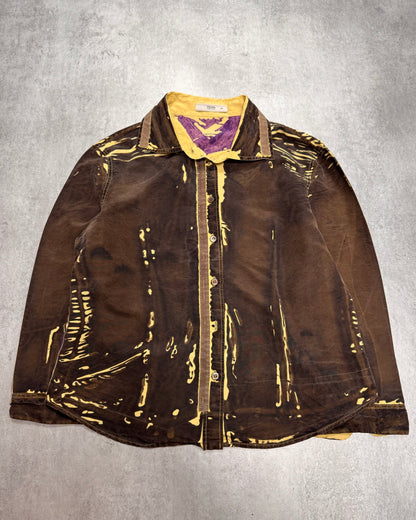 SS2005 Prada Brown Tan Screen Front & Purple Back Overprint Silk Shirt (XS)