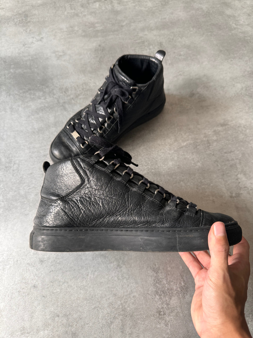 Balenciaga Arena High Black Cracked Leather Sneakers