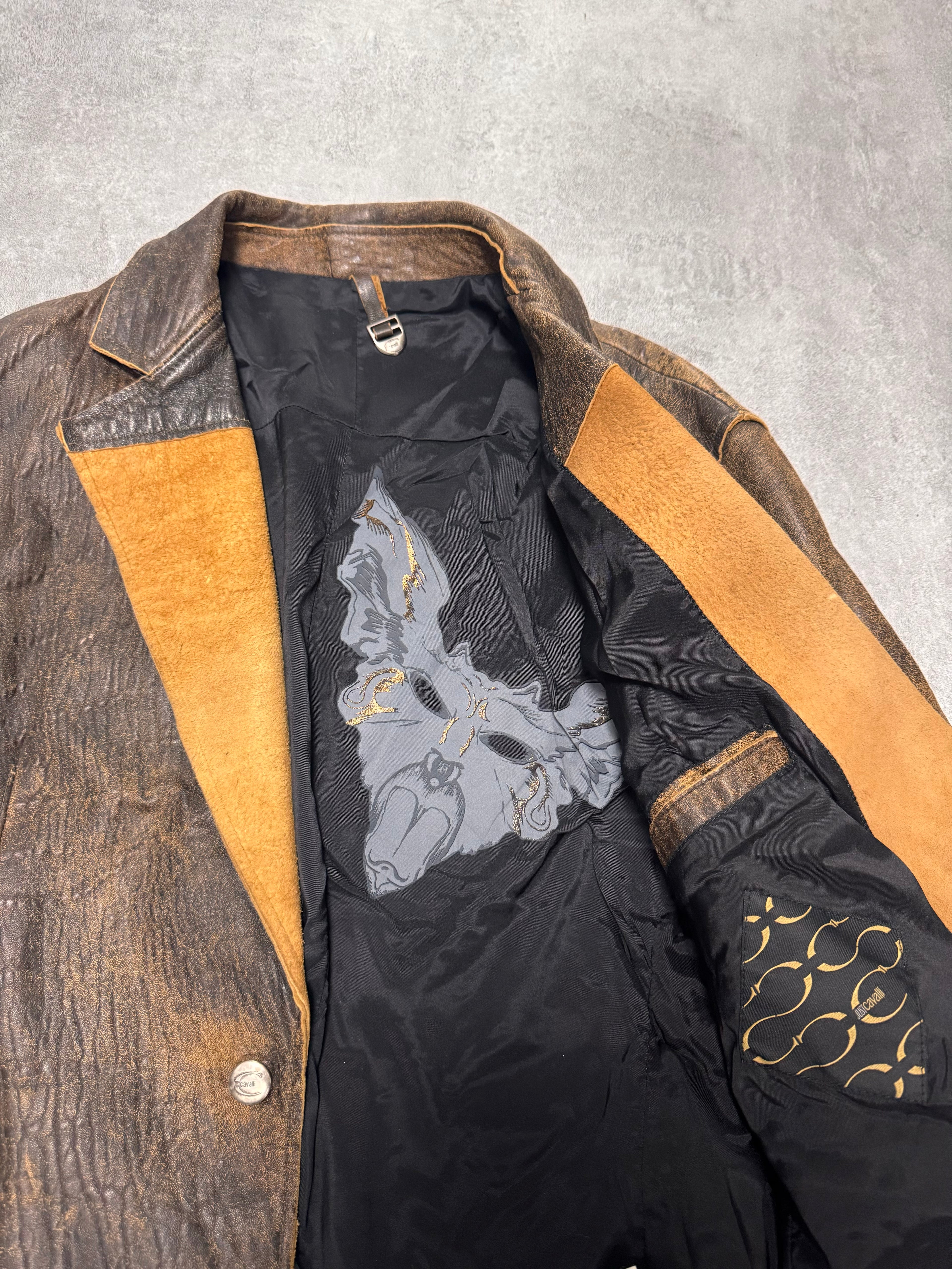 2000s Cavalli Raw Brown Leather Suit Jacket