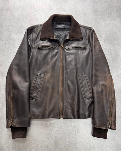 2000s Dolce & Gabbana Brown Aviator Aged Leather Jacket (L)