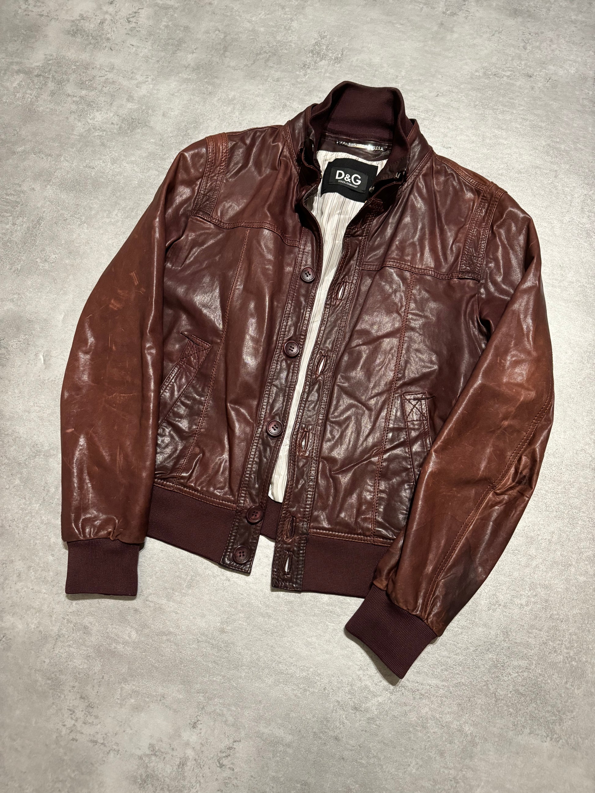 2000s Dolce & Gabbana Bordeaux Button Ups Leather Rebel Jacket (M) - 9