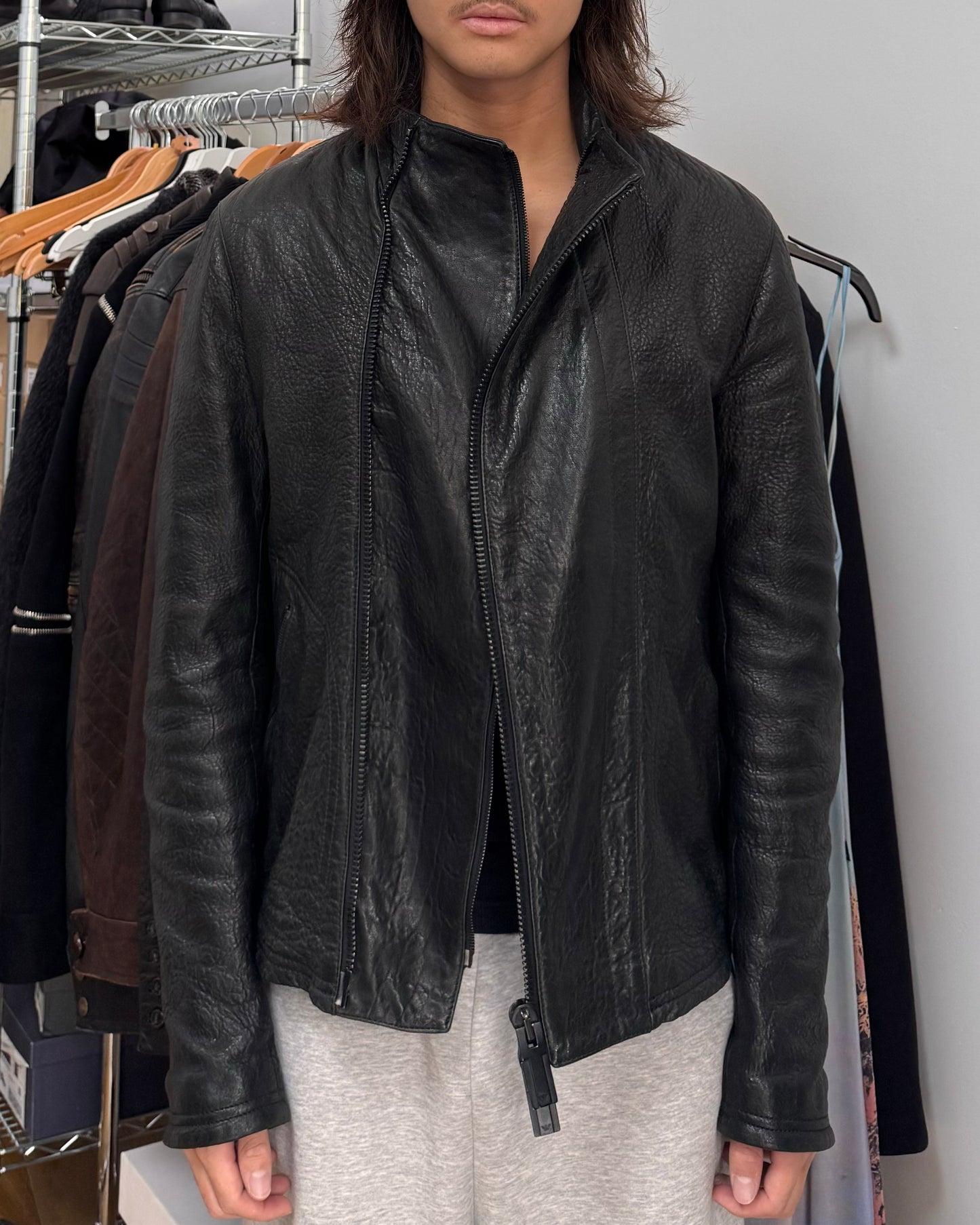 FW2014 Emporio Armami Asymmetrical Grained Leather Jacket (M)