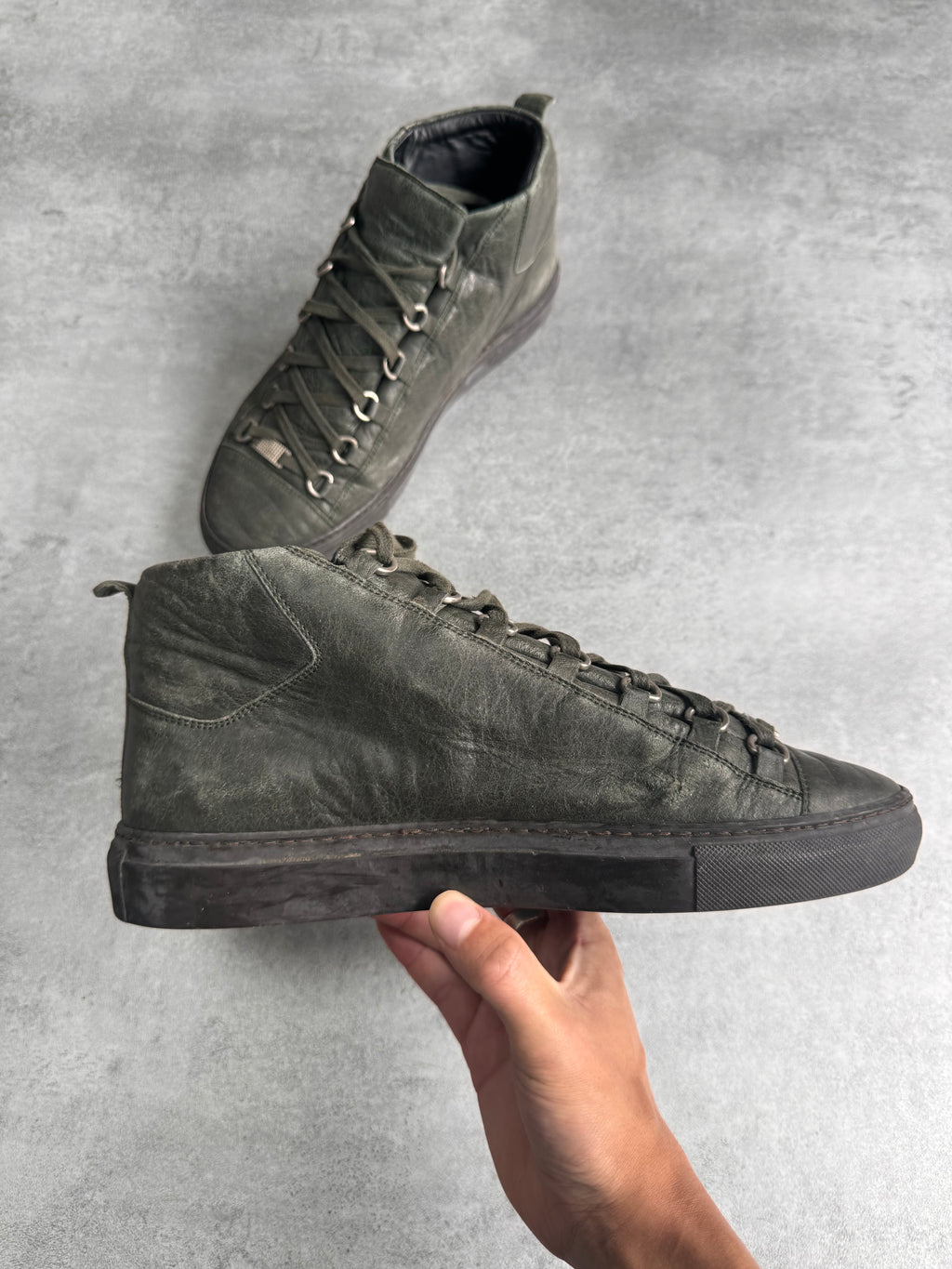 Balenciaga Arena High Kaki Cracked Leather Sneakers