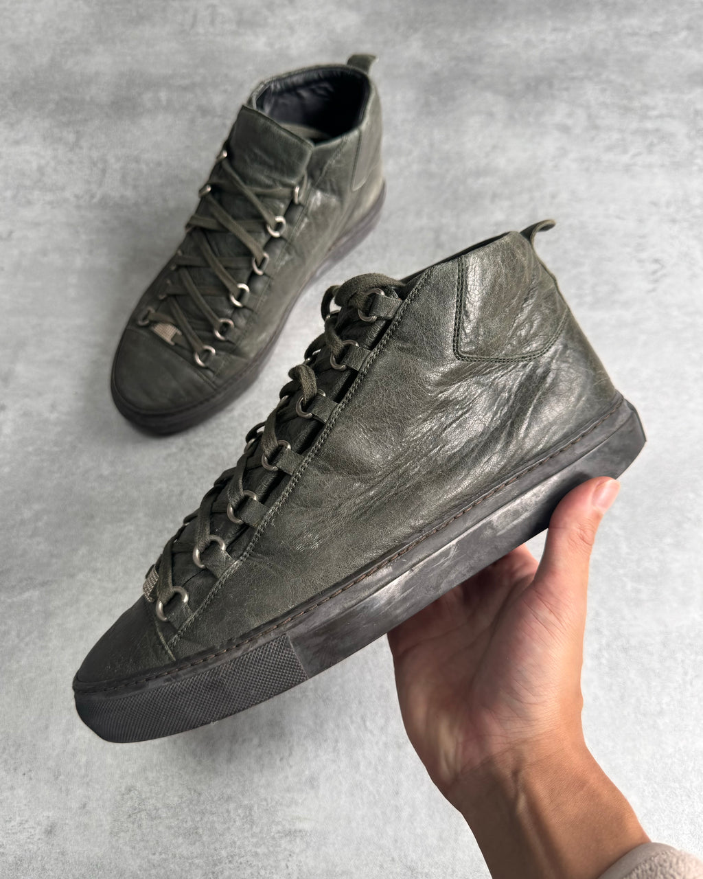 Balenciaga Arena High Kaki Cracked Leather Sneakers