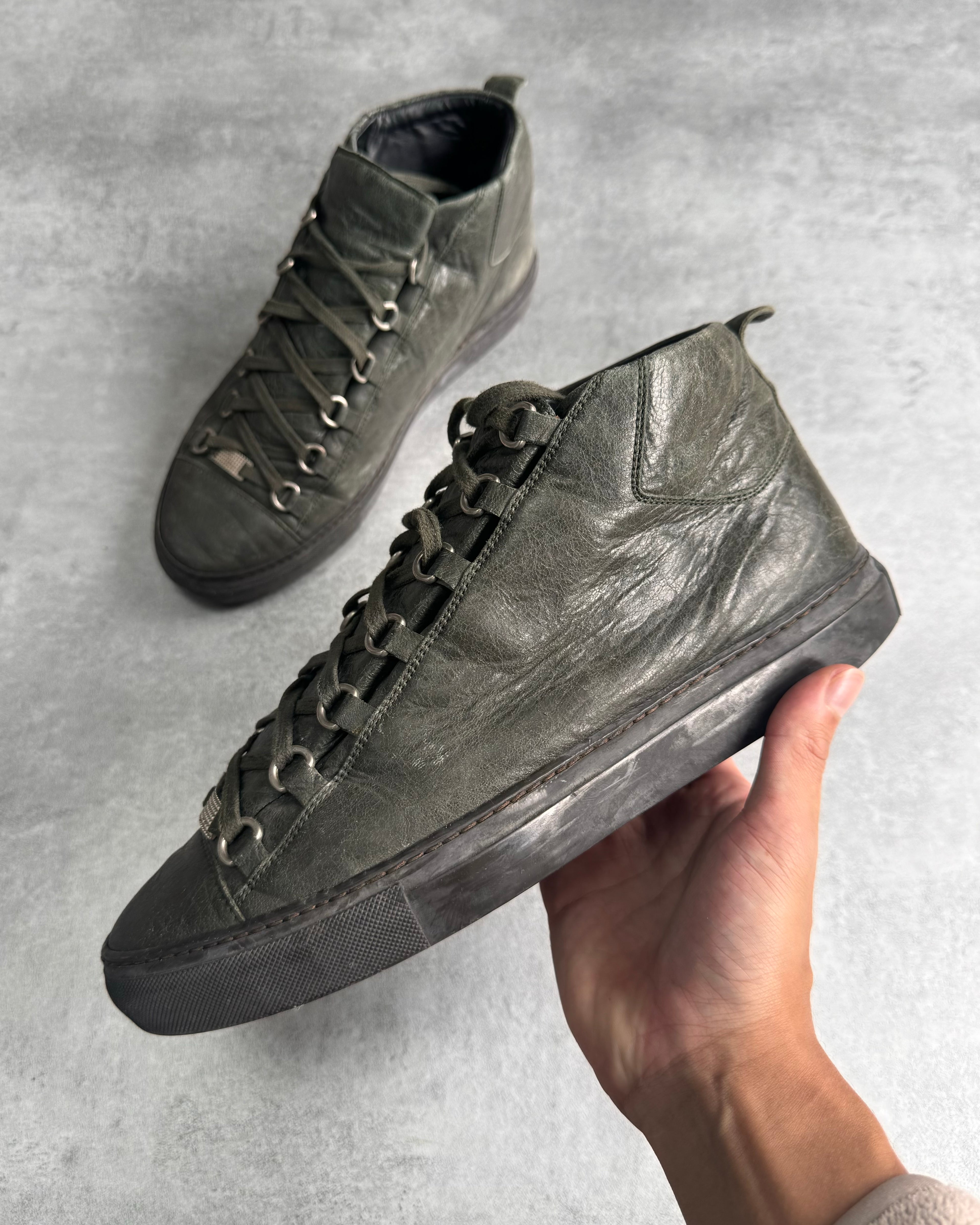 Balenciaga Arena High Kaki Cracked Leather Sneakers
