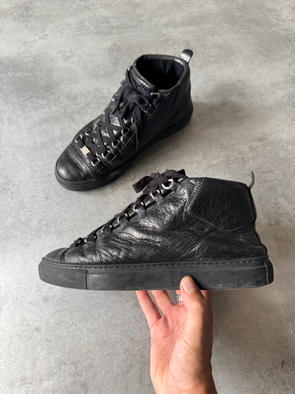 Balenciaga Arena High Black Cracked Leather Sneakers