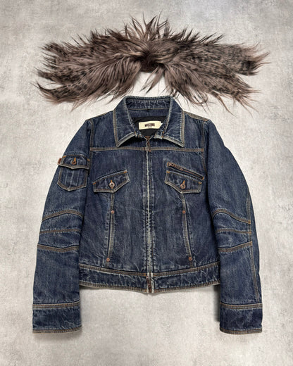 Moschino Astro Fur Biker Faded Denim Jacket (XS/S)