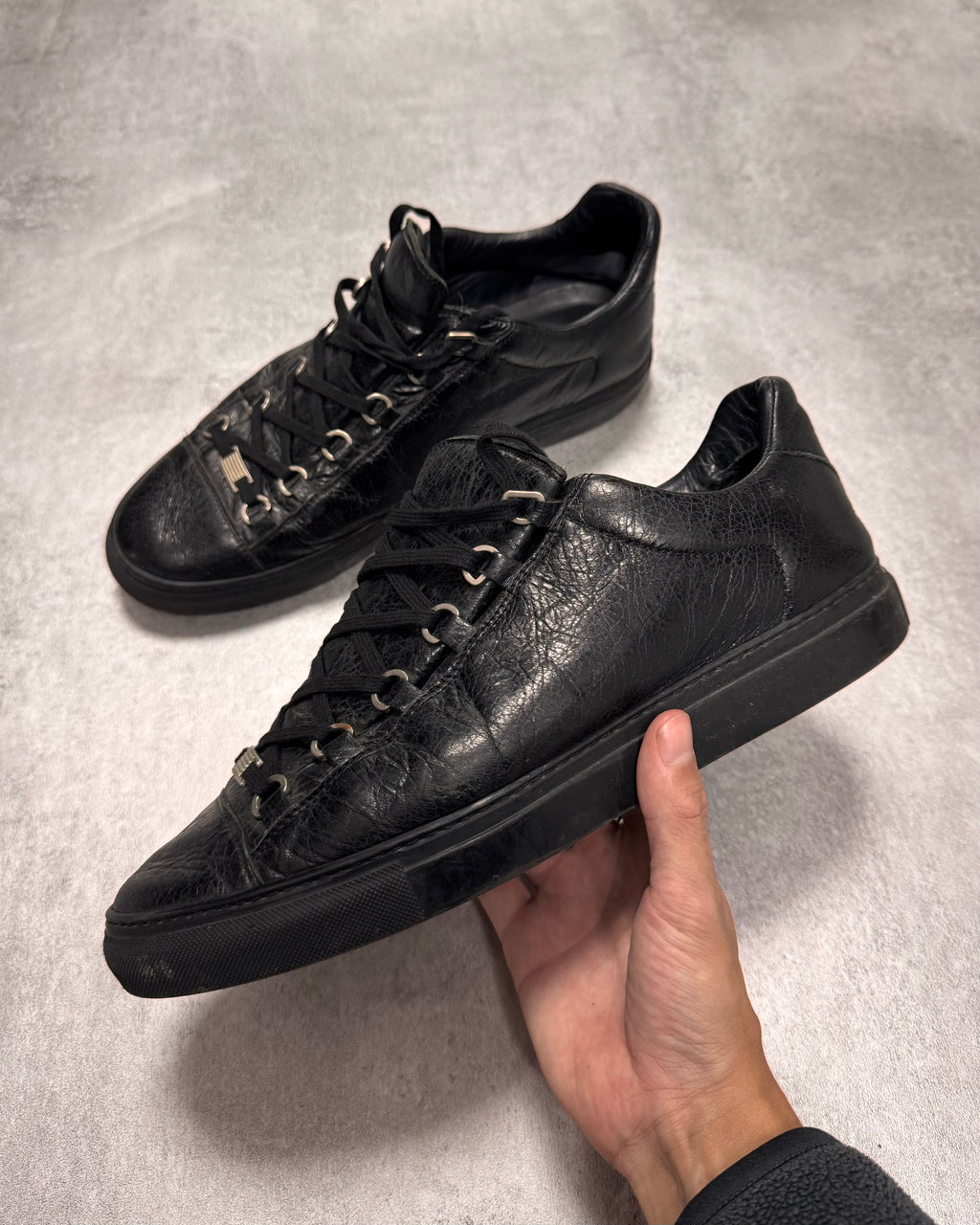 Balenciaga Arena Low Black Cracked Leather Sneakers