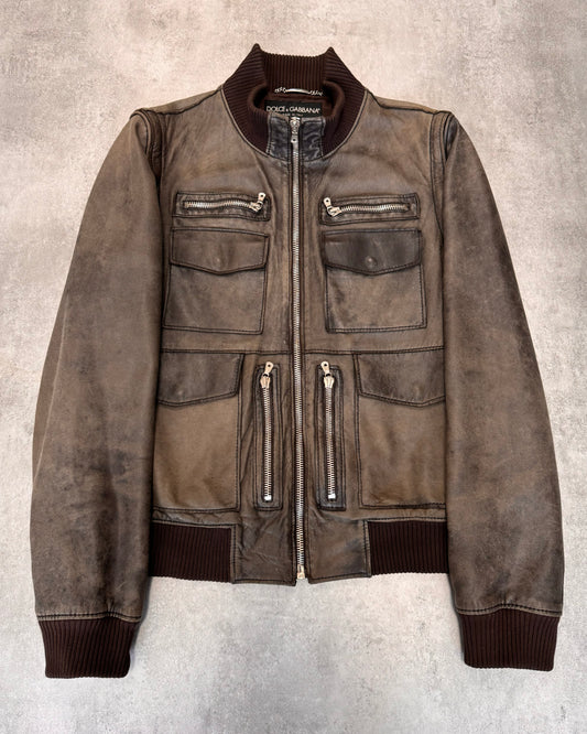 2000s Dolce & Gabbana Multi-Zip Green Brown Faded Leather Jacket (L)