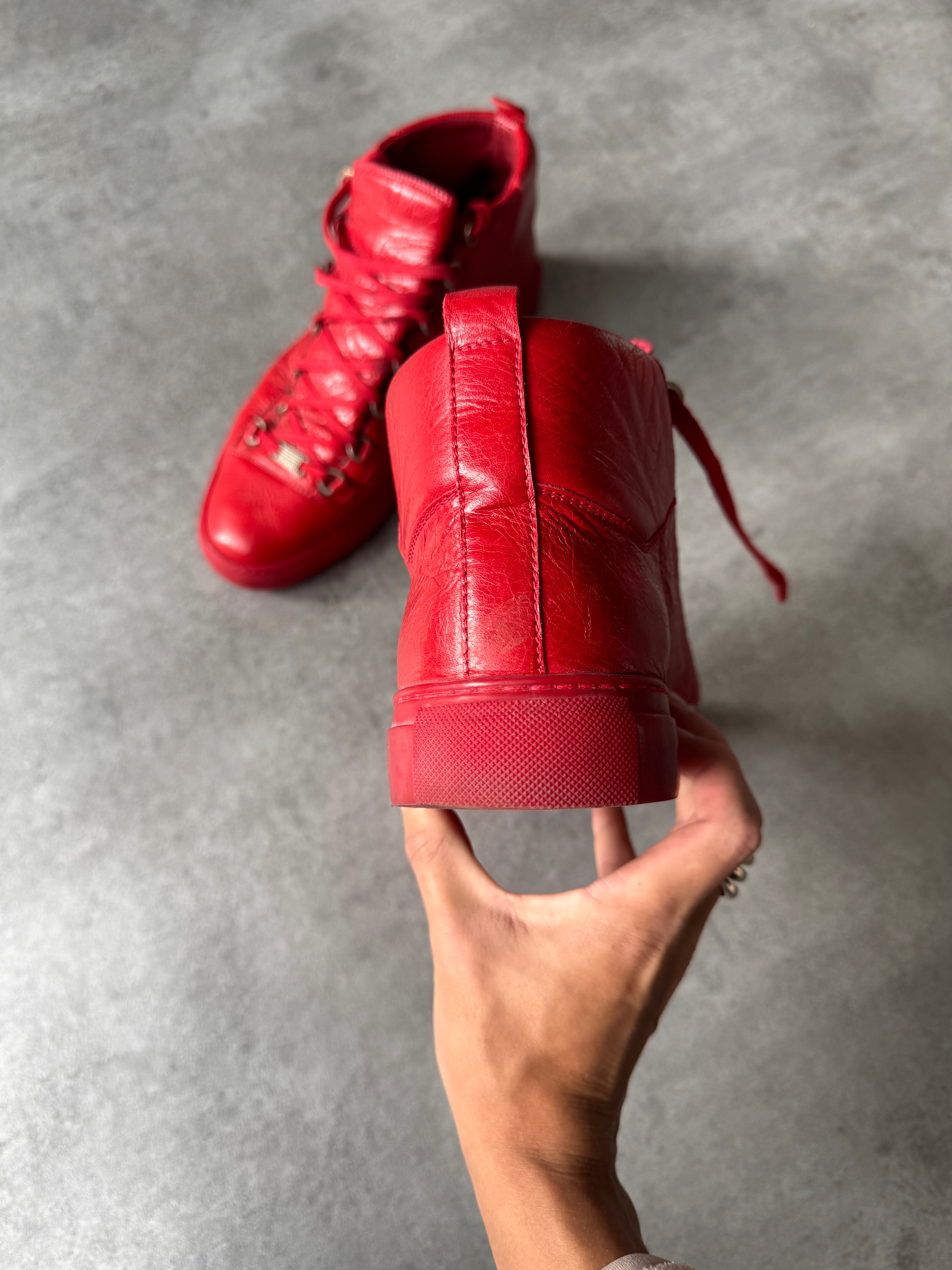 Balenciaga Arena High Red Cracked Leather Sneakers