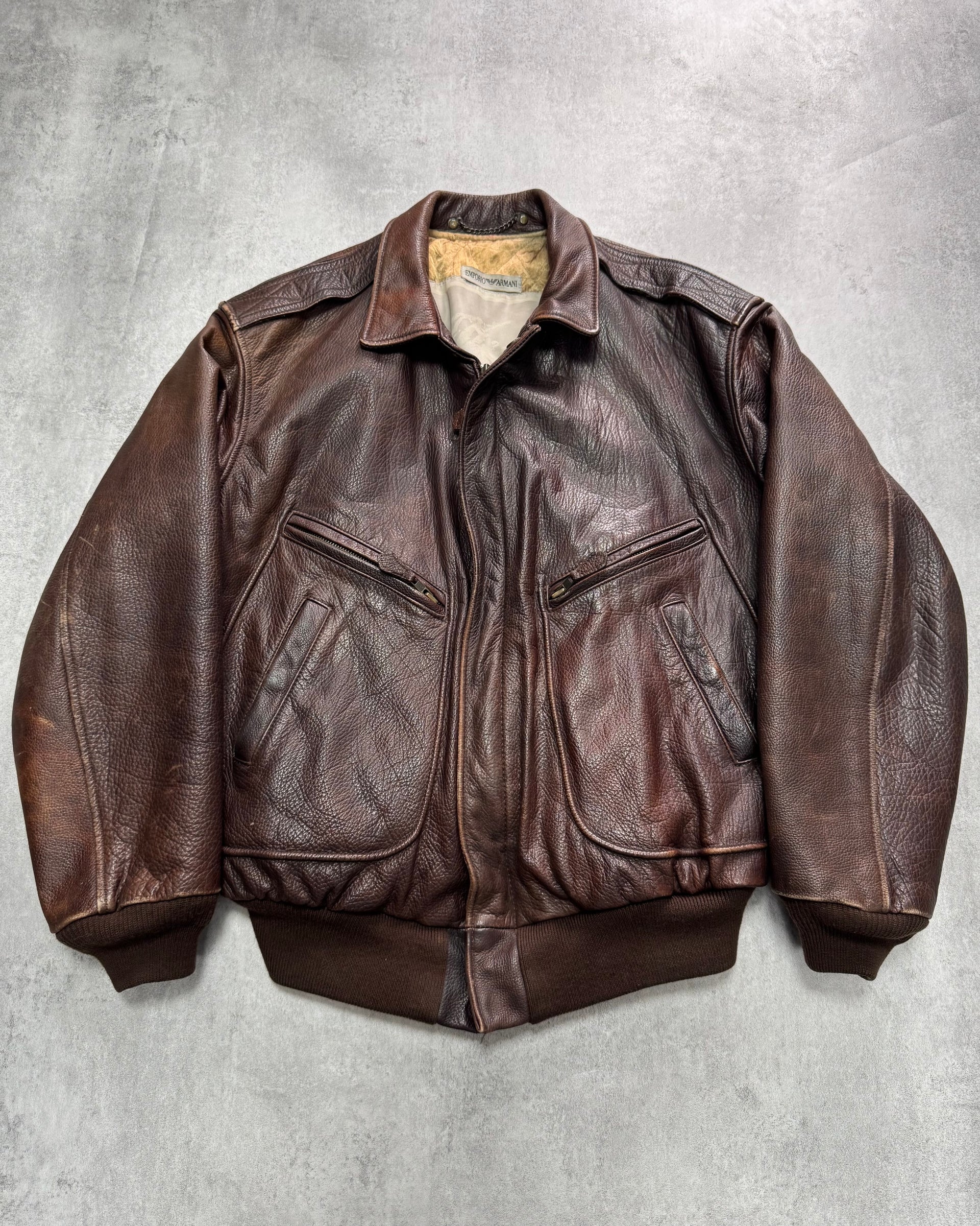 1990s Emporio Armani Brown Classic Bomber Leather Jacket (M 