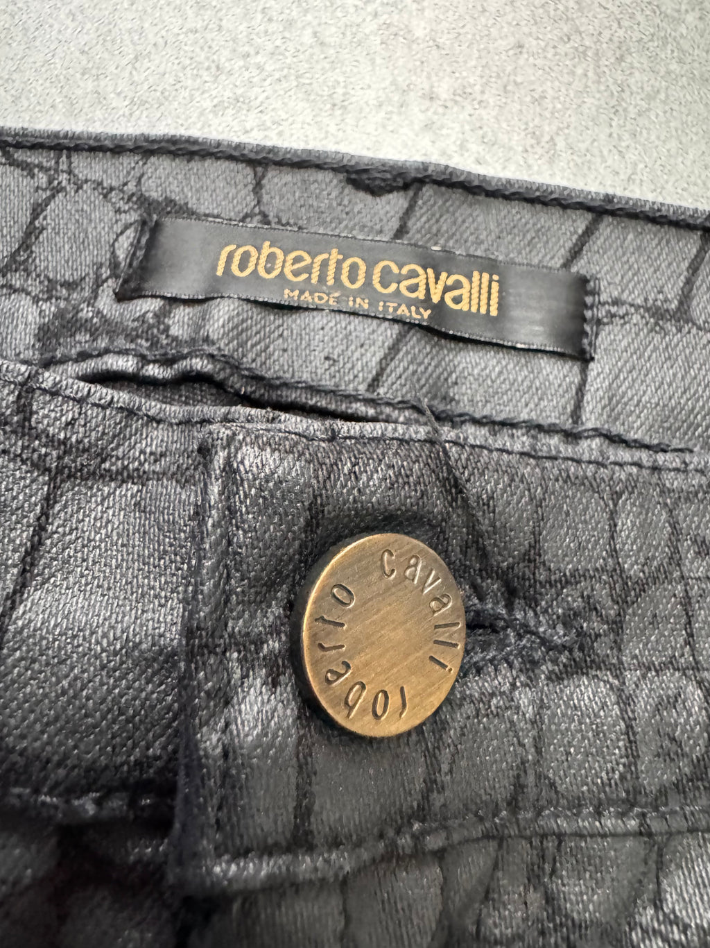 2000s Roberto Cavalli Crocodile Skin Effect Obscur Black Pants