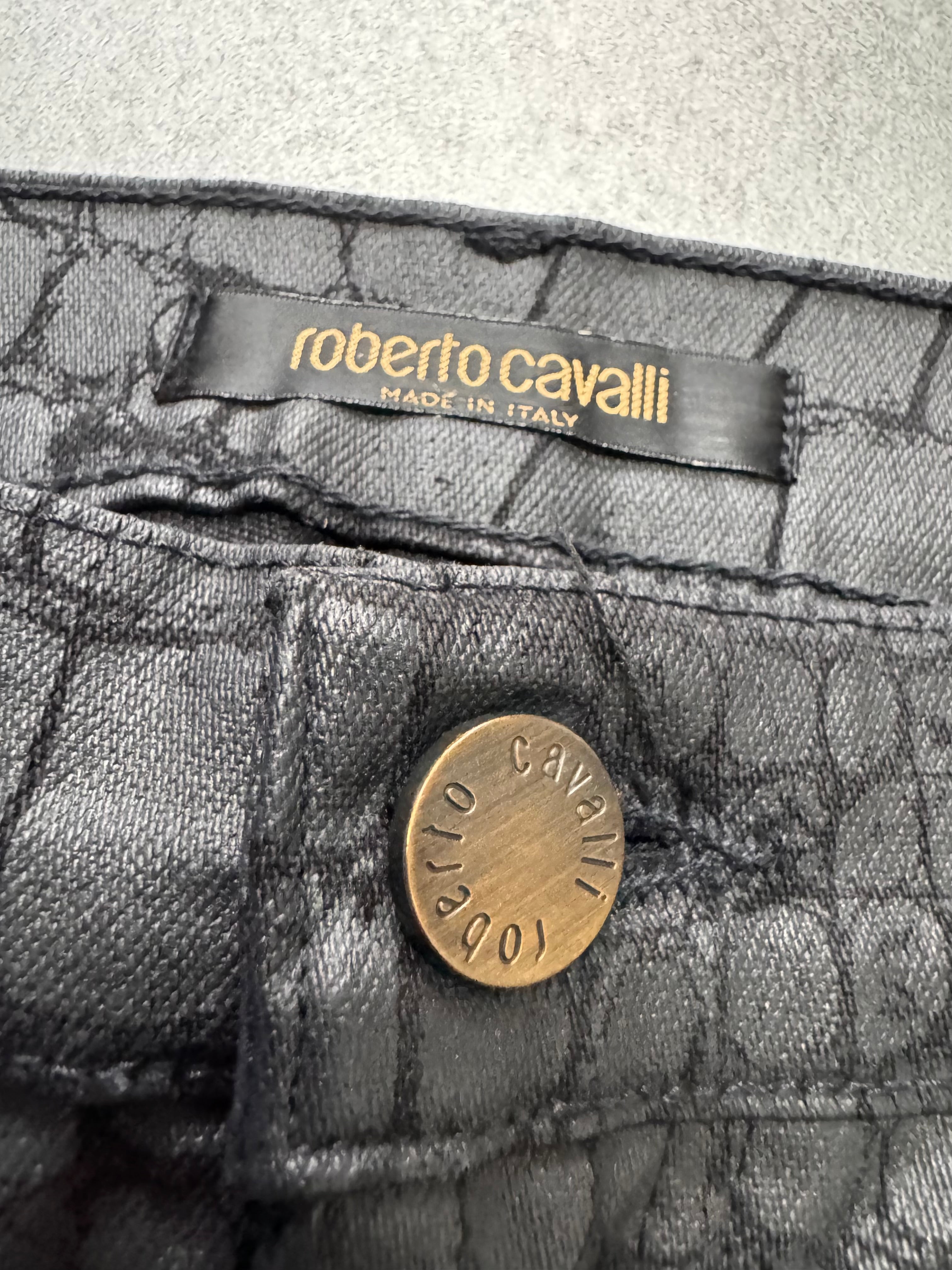 2000s Roberto Cavalli Crocodile Skin Effect Obscur Black Pants
