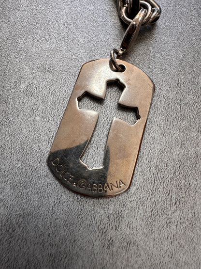 Dolce & Gabbana Dog Tag Cross Stainless Pendant Leather Necklace (OS)