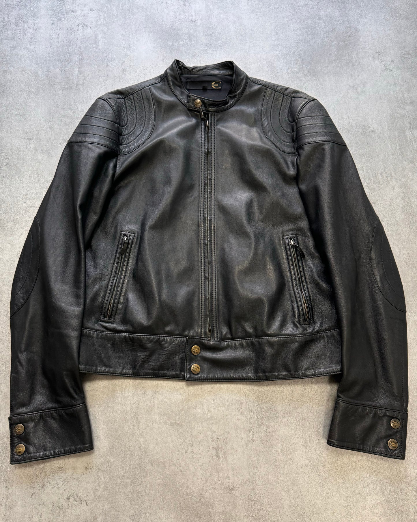 2000s Just Cavalli Dark Biker Leather Jacket (L)