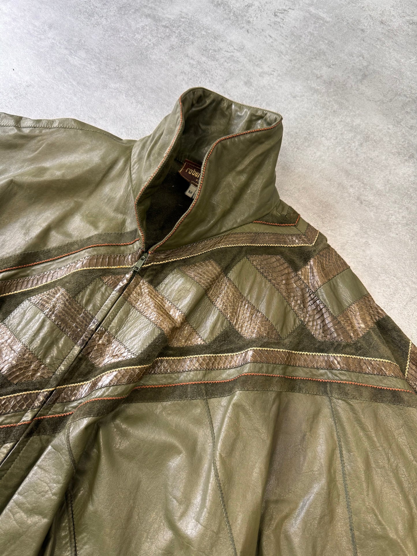 1980s Roberto Cavalli Hybrid Python Kaki Leather Jacket (S/M)