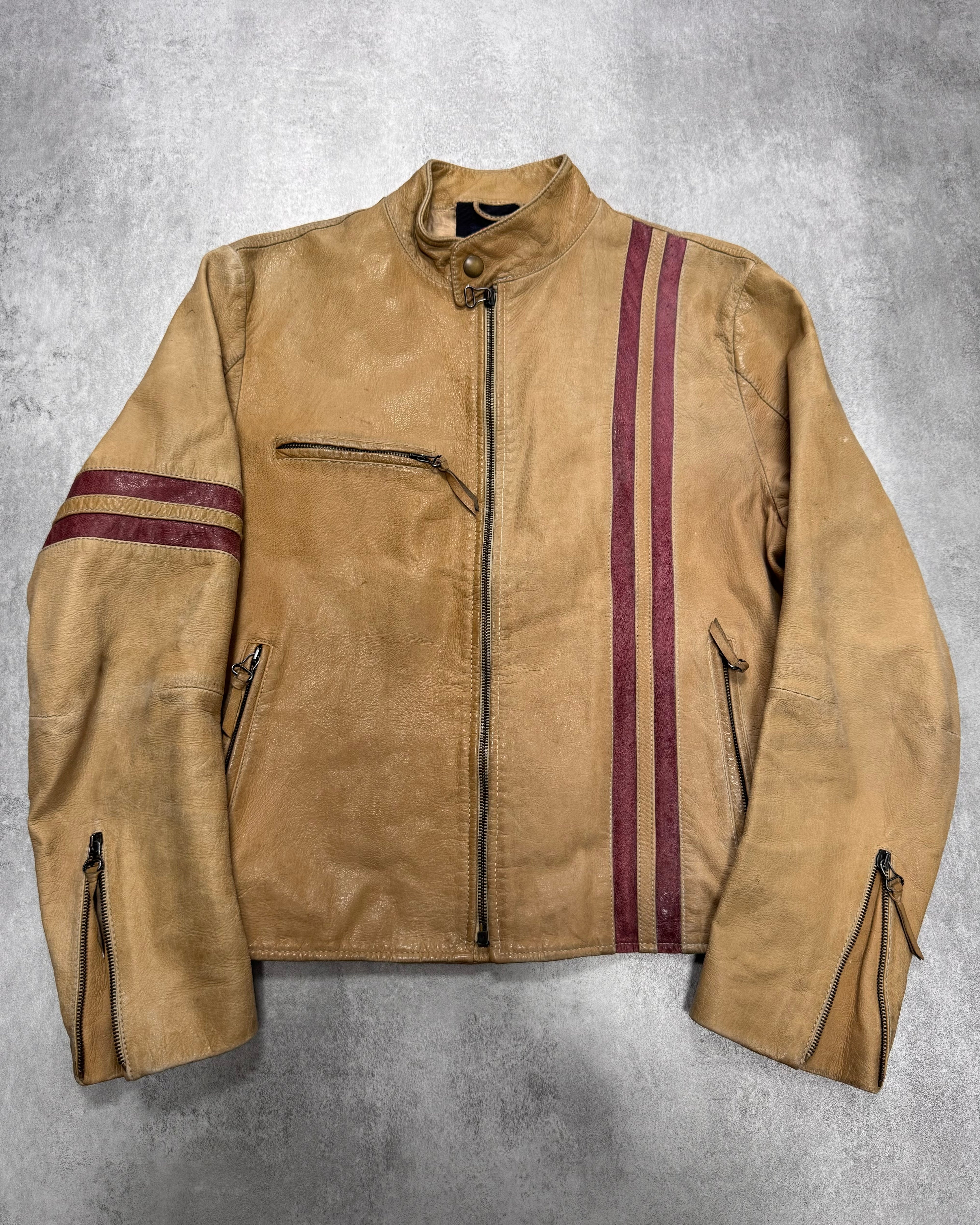 2000s Dolce & Gabbana Red Stripes Beige Leather Biker Jacket