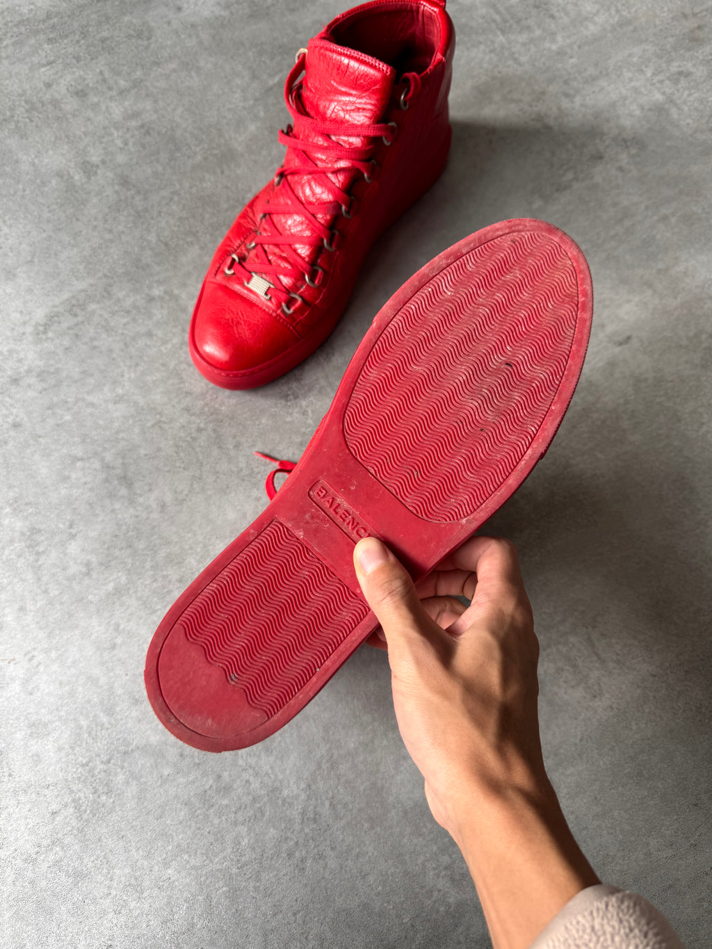 Balenciaga Arena High Red Cracked Leather Sneakers