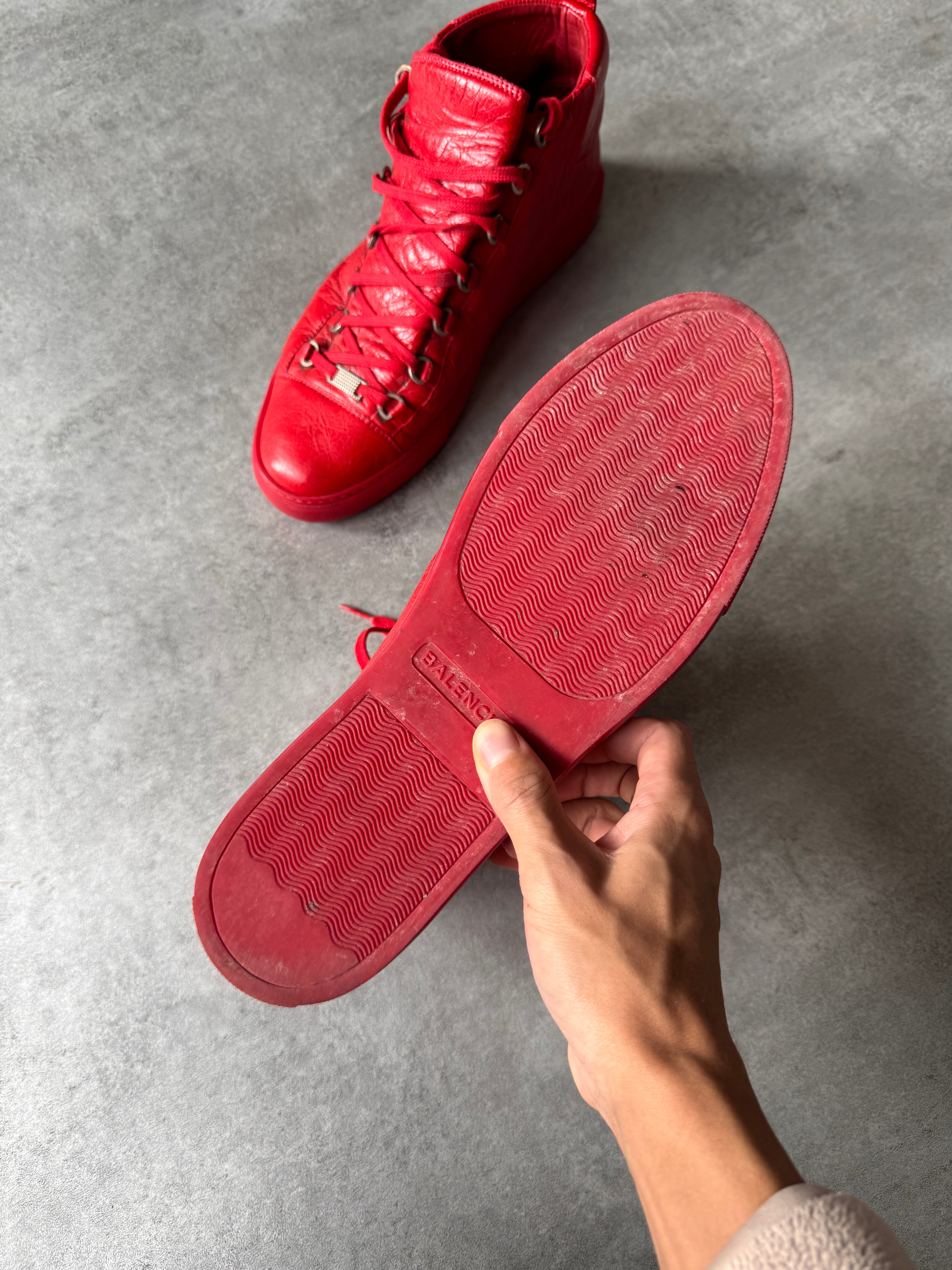 Balenciaga Arena High Red Cracked Leather Sneakers