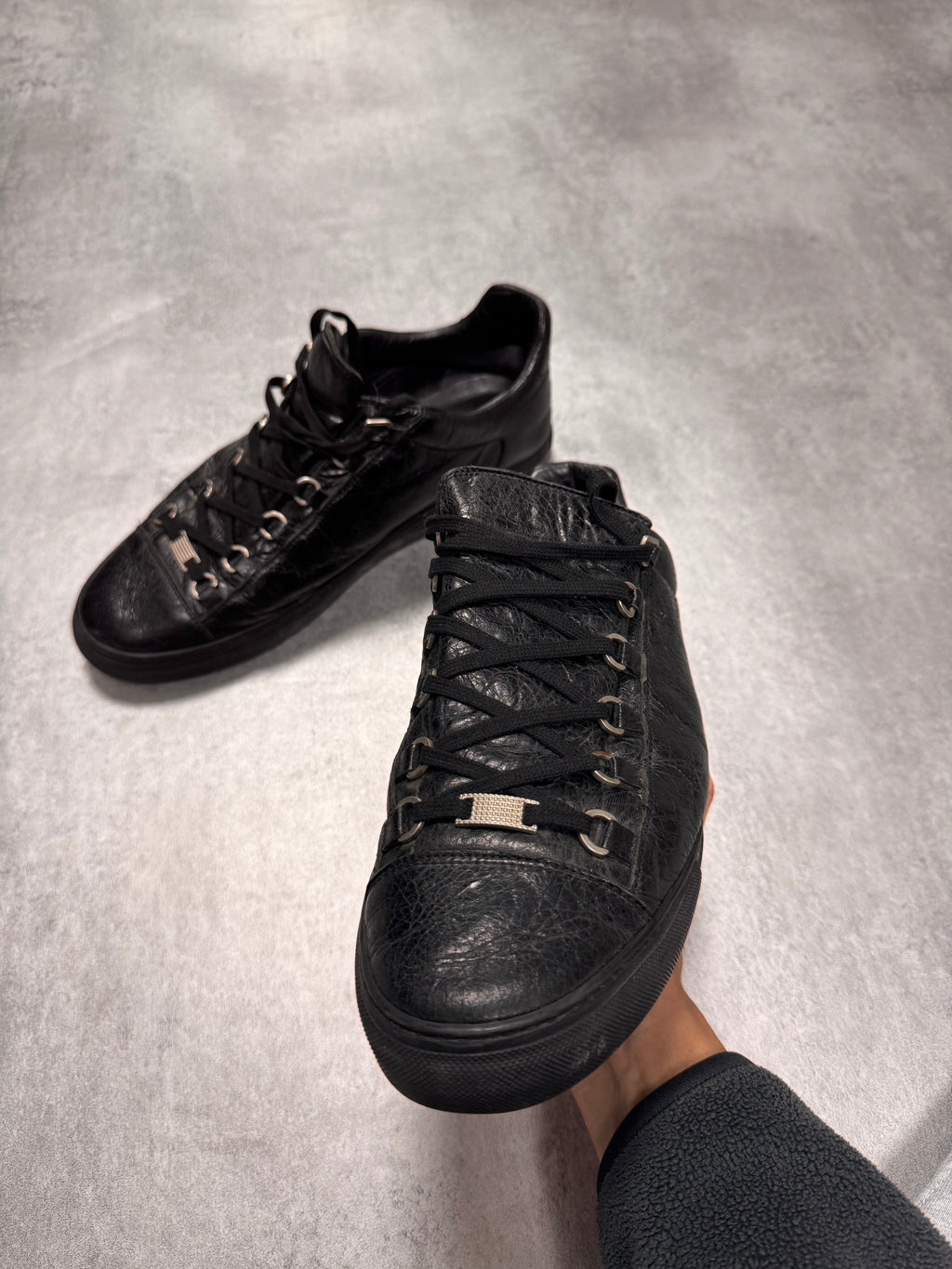 Balenciaga Arena Low Black Cracked Leather Sneakers