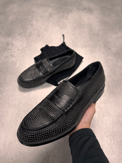 Emporio Armani Studded Black Leather Loafers Shoes (42eu/us8,5)