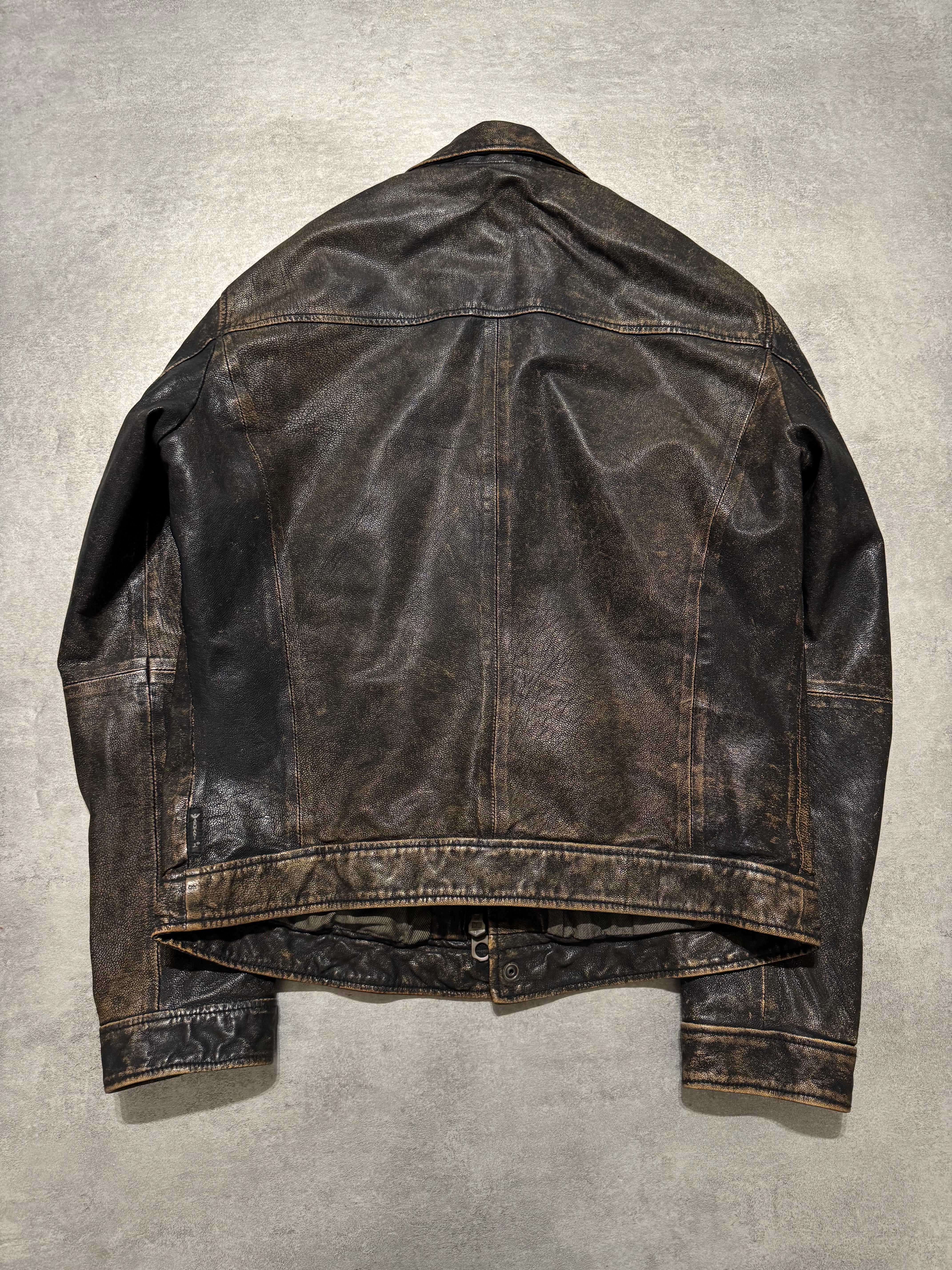 00s ARMANI JEANS Faded Leather Jacket Armani Jeans All Over Logo