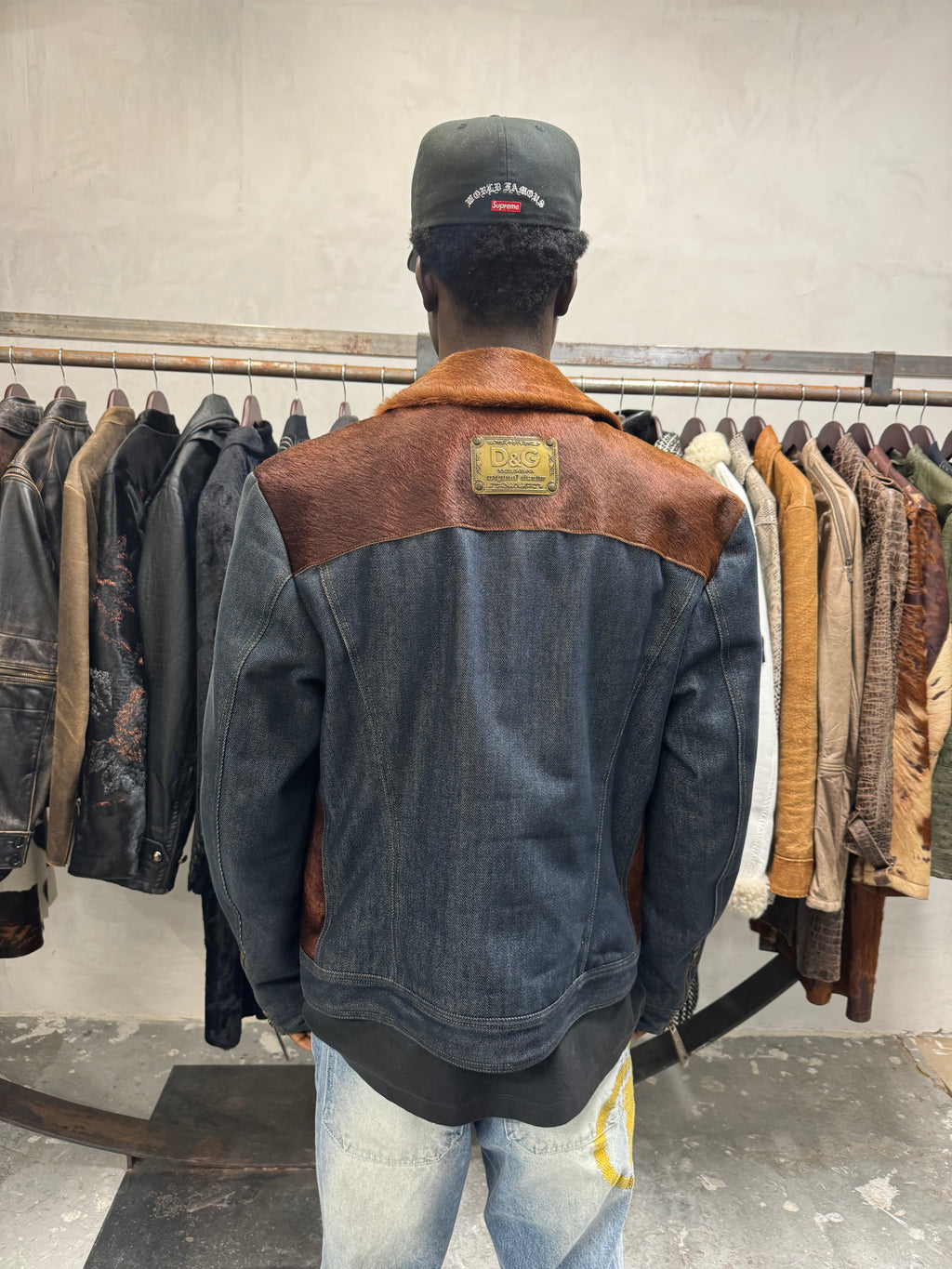 FW2005 Dolce & Gabbana Pony Hair Brown Denim Structured Biker Jacket (L) - 5