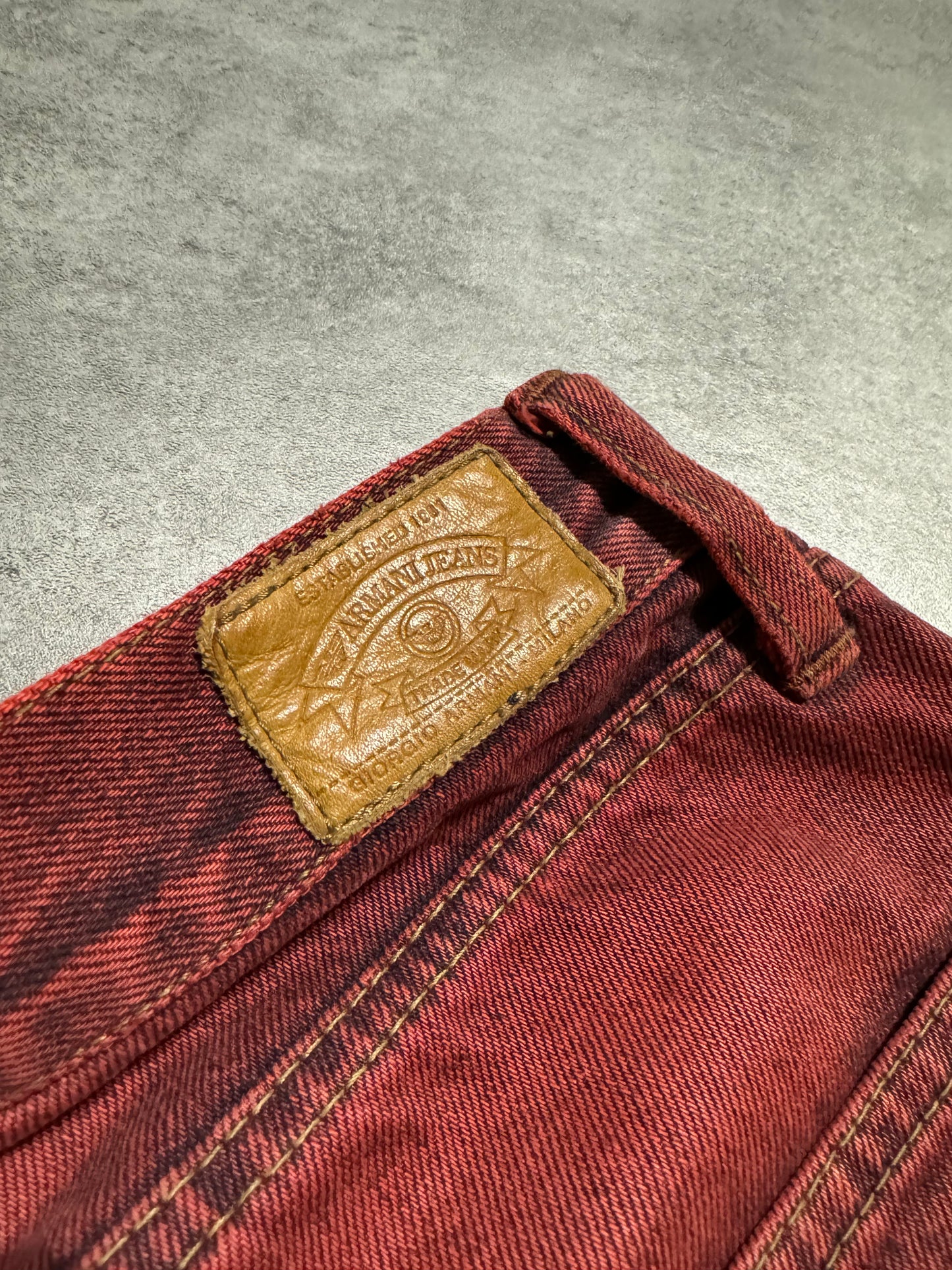 1990s Armani Red Faded Denim Patchwork Pants (L) - 3