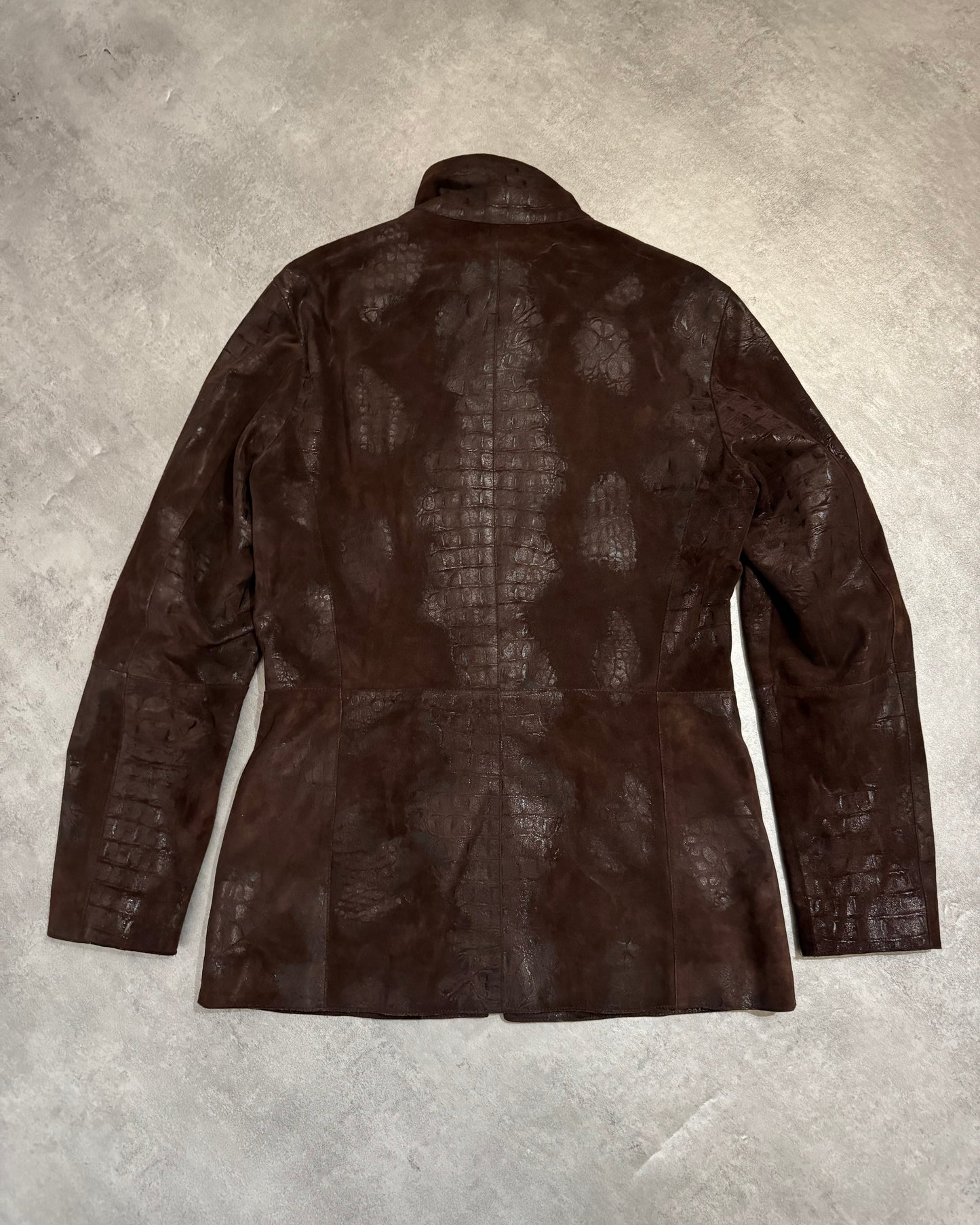 FW2005 Emporio Armani Brown Crocodile Effect Textured Leather Jacket (M) - 3