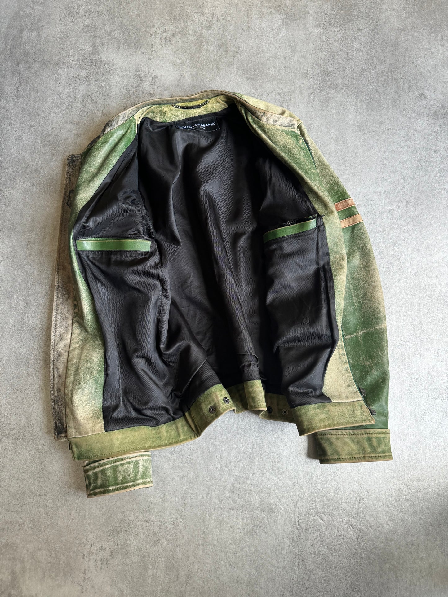 2000s Dolce & Gabbana Retro Effect Green Faded Racing Biker Leather Jacket  (S/M) - 12