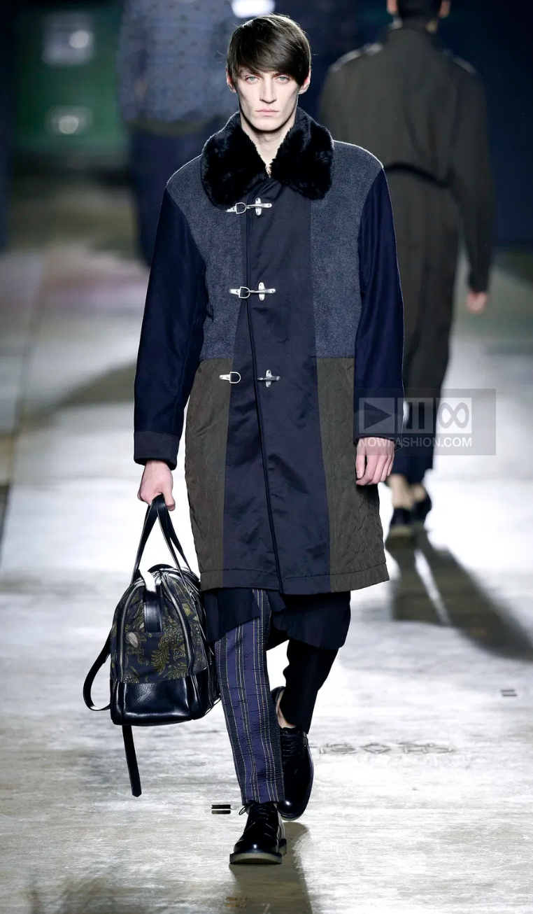 FW2015 Dries Van Noten Black & Navy Long Fur Naval Jacket   (L) - 2