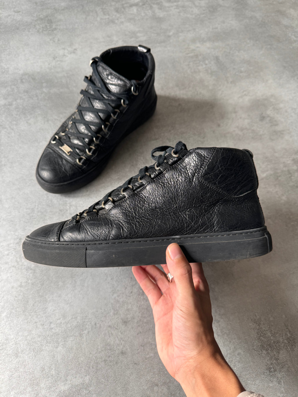 Balenciaga Arena High Black Cracked Leather Sneakers