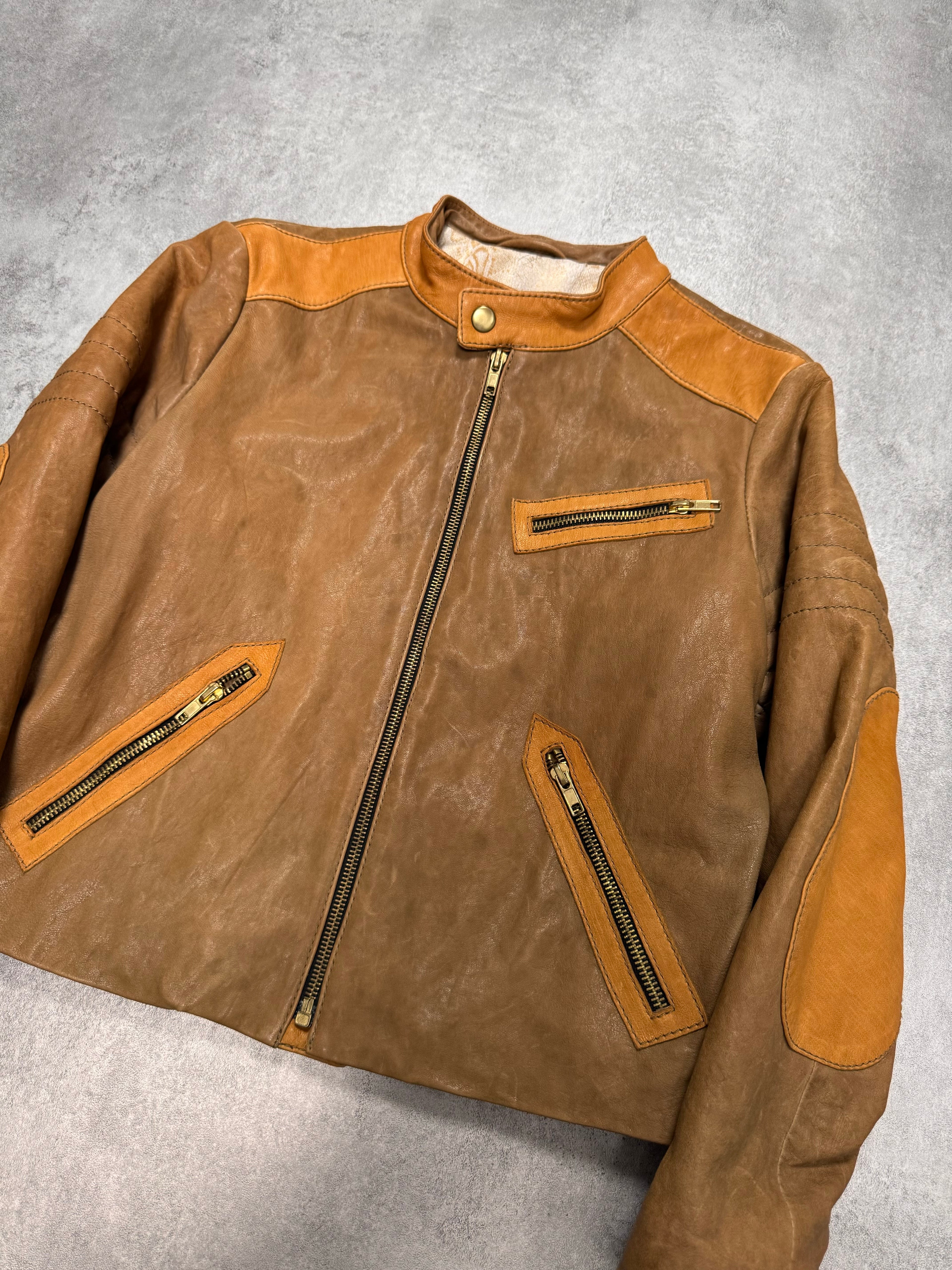 2000s Cavalli Sample Biker Cropped Beige Leather Jacket