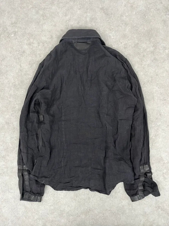 2000s Cavalli Black Hybrid Linen & Leather Henley Shirt FJcbvRW 4